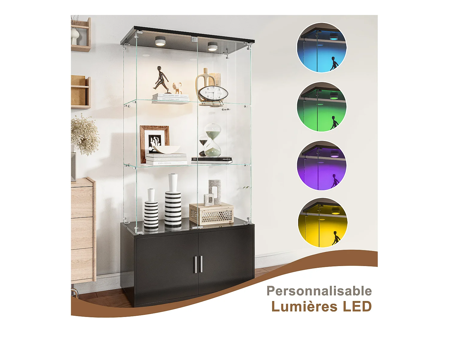 Vitrine en Verre avec Éclairage LED Intégré, 3 étages d'étagères transparentes et 2 armoires de rangement avec portes ,Noir