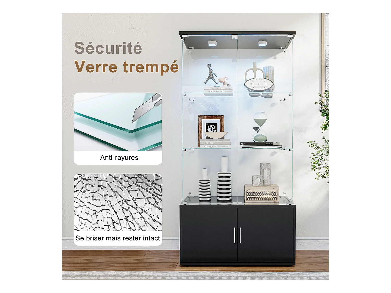 Vitrine en Verre avec Éclairage LED Intégré, 3 étages d'étagères transparentes et 2 armoires de rangement avec portes ,Noir