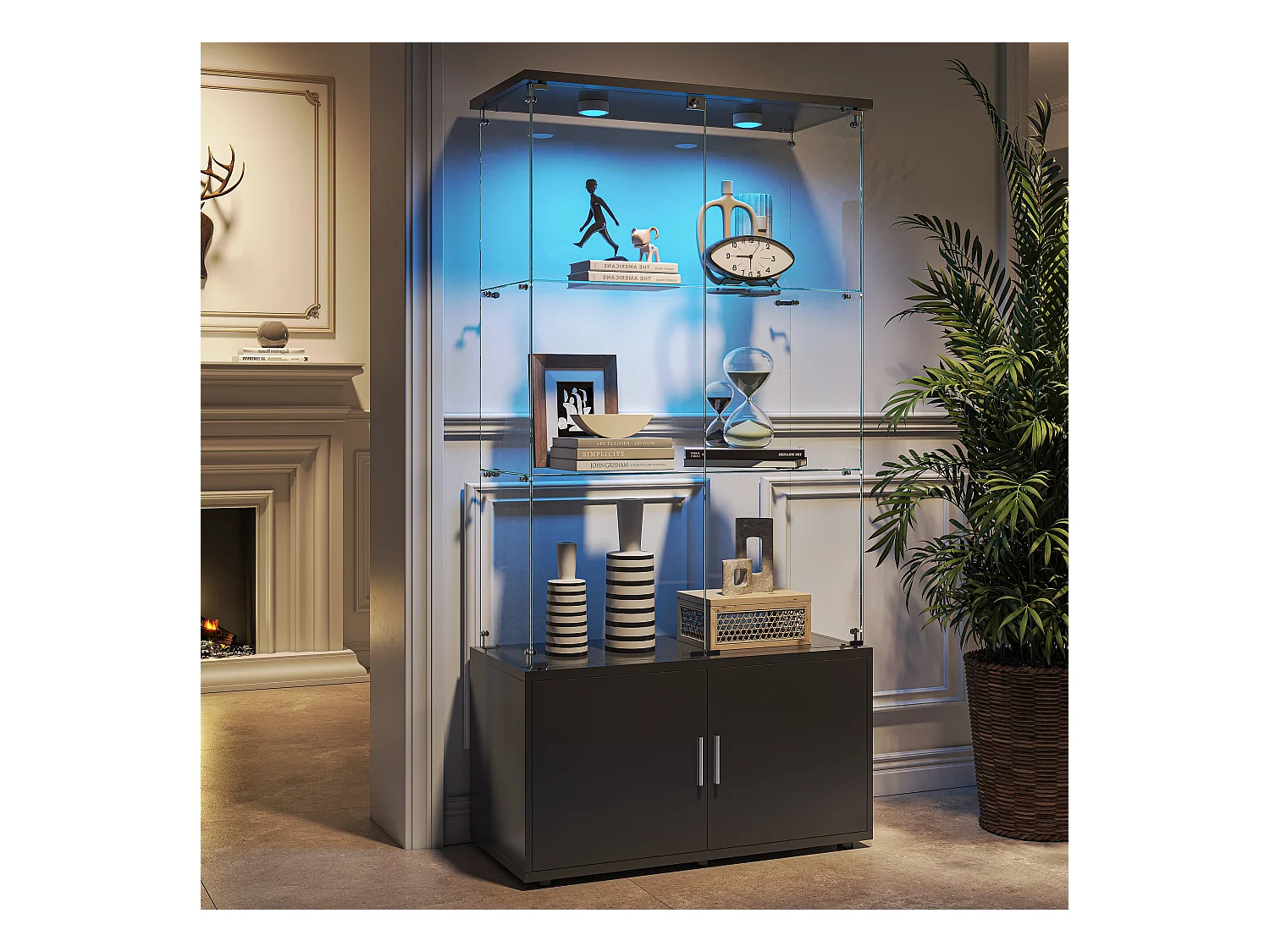 Vitrine en Verre avec Éclairage LED Intégré, 3 étages d'étagères transparentes et 2 armoires de rangement avec portes ,Noir