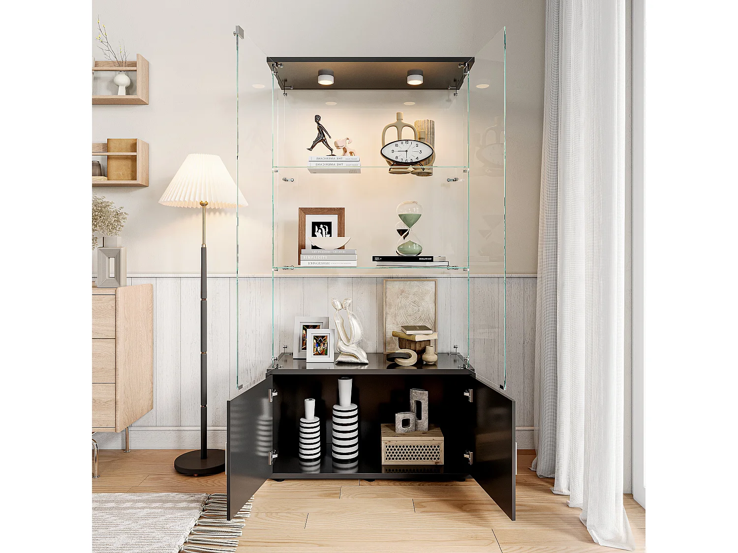 Vitrine en Verre avec Éclairage LED Intégré, 3 étages d'étagères transparentes et 2 armoires de rangement avec portes ,Noir