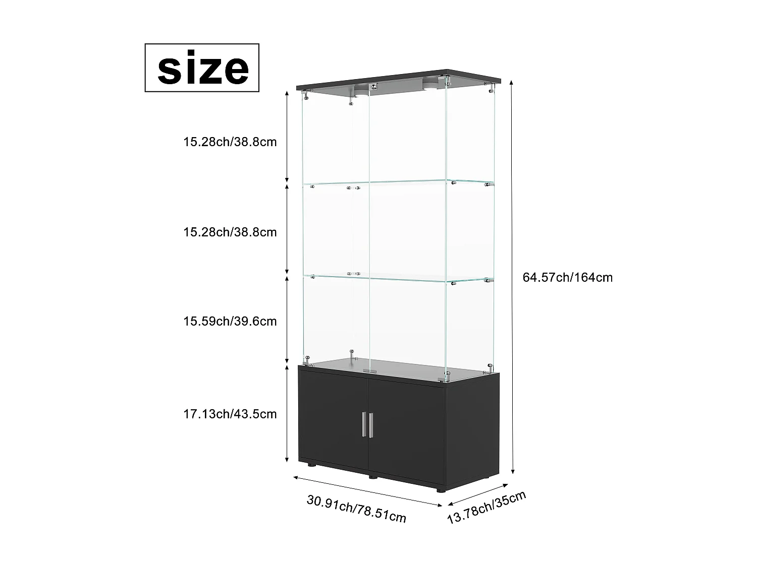 Vitrine en Verre avec Éclairage LED Intégré, 3 étages d'étagères transparentes et 2 armoires de rangement avec portes ,Noir