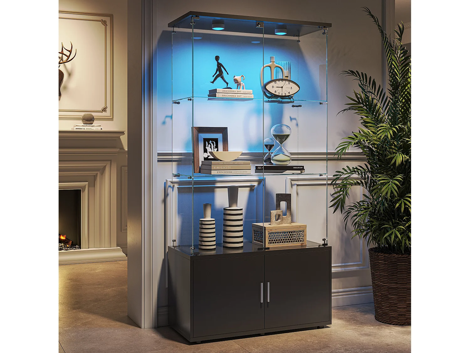 Vitrine en Verre avec Éclairage LED Intégré, 3 étages d'étagères transparentes et 2 armoires de rangement avec portes ,Noir