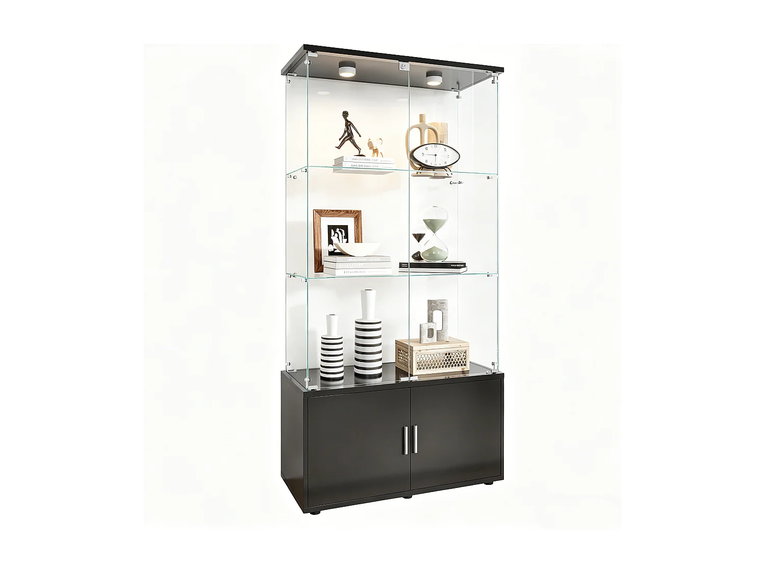 Vitrine en Verre avec Éclairage LED Intégré, 3 étages d'étagères transparentes et 2 armoires de rangement avec portes ,Noir