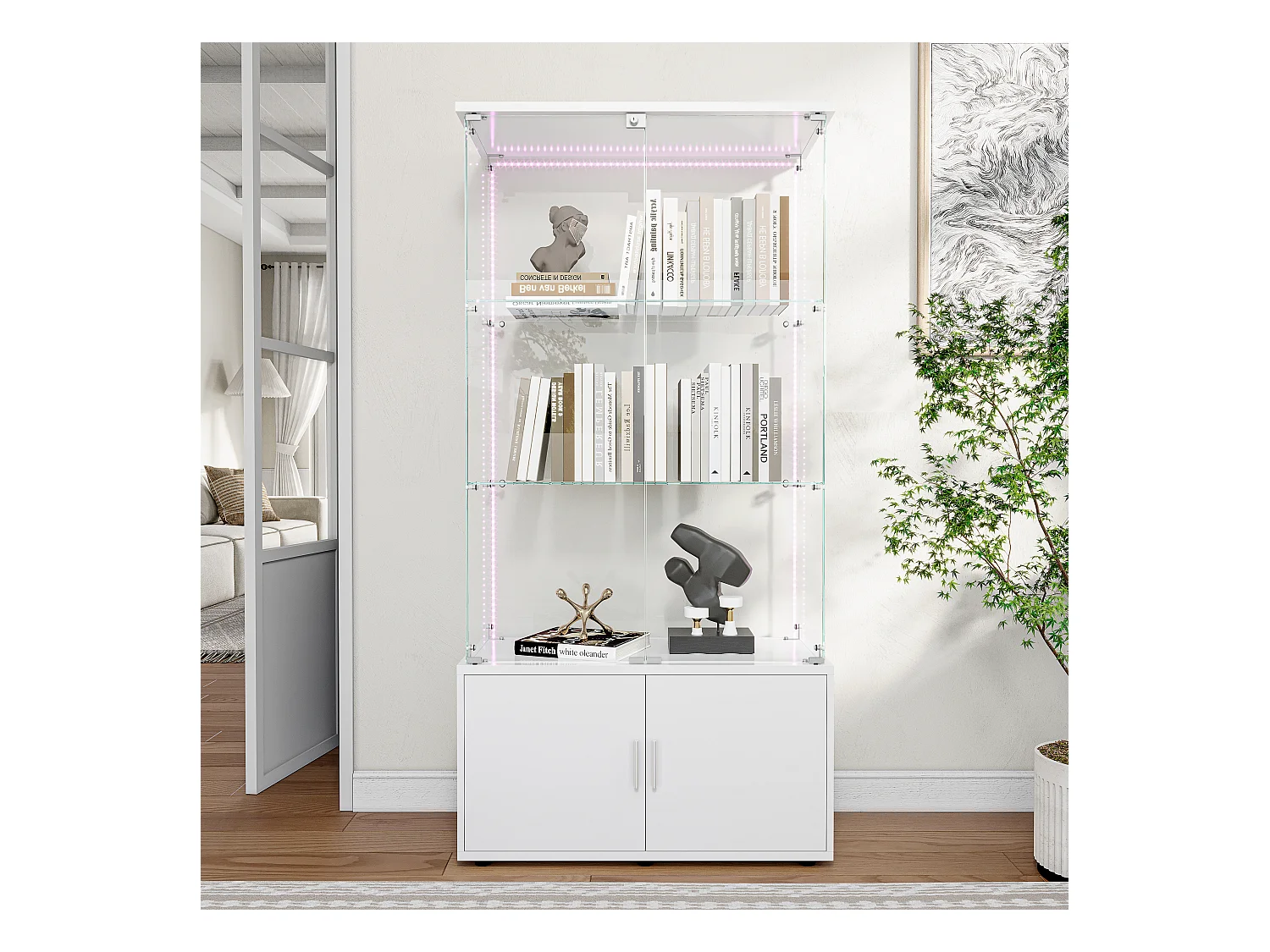Vitrine en verre, Vitrine avec étages, Vitrines en verre avec serrure, Vitrine d'exposition avec LED, 78,51×35×164 cm，Blanc
