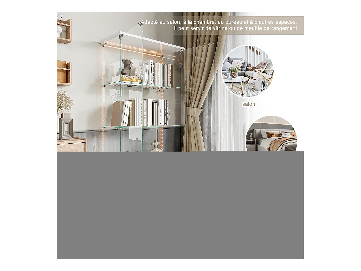 Vitrine en verre, Vitrine avec étages, Vitrines en verre avec serrure, Vitrine d'exposition avec LED, 78,51×35×164 cm，Blanc