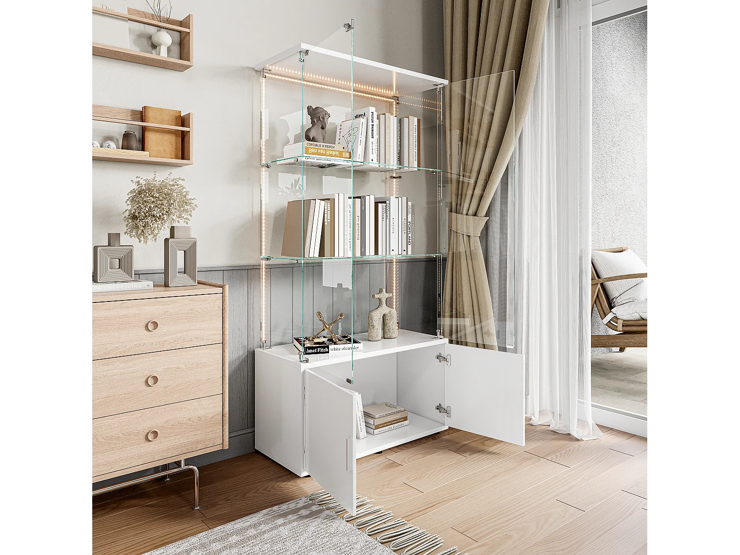 Vitrine en verre, Vitrine avec étages, Vitrines en verre avec serrure, Vitrine d'exposition avec LED, 78,51×35×164 cm，Blanc