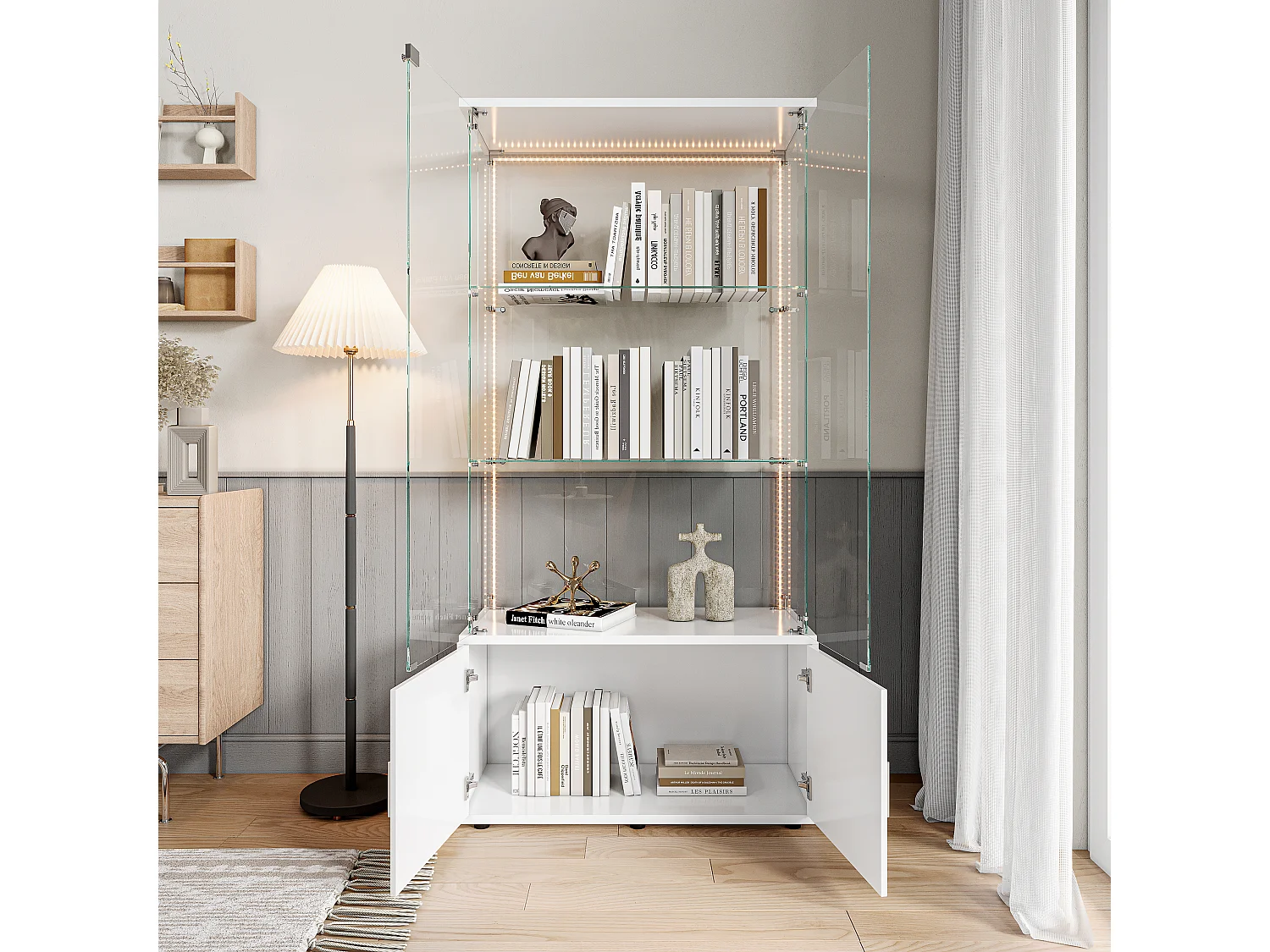 Vitrine en verre, Vitrine avec étages, Vitrines en verre avec serrure, Vitrine d'exposition avec LED, 78,51×35×164 cm，Blanc