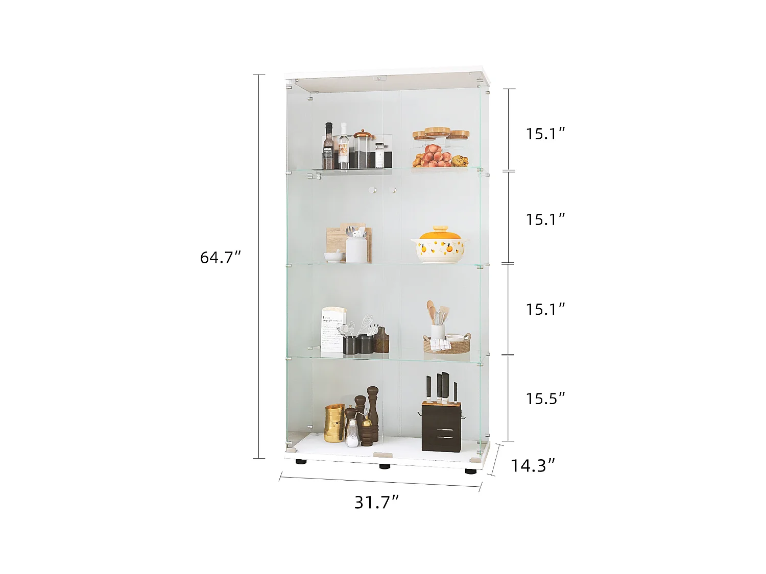 Vitrine en verre avec LED, Vitrine en verre avec serrure, Armoire pour collection, 2 portes, 4 étages, 80 x 36 x 164 cm, Blanc