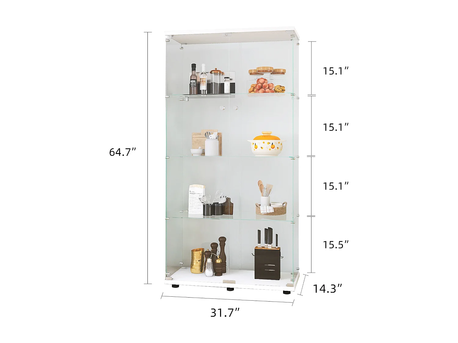 Vitrine en verre avec LED, Vitrine en verre avec serrure, Armoire pour collection, 2 portes, 4 étages, 80 x 36 x 164 cm, Blanc