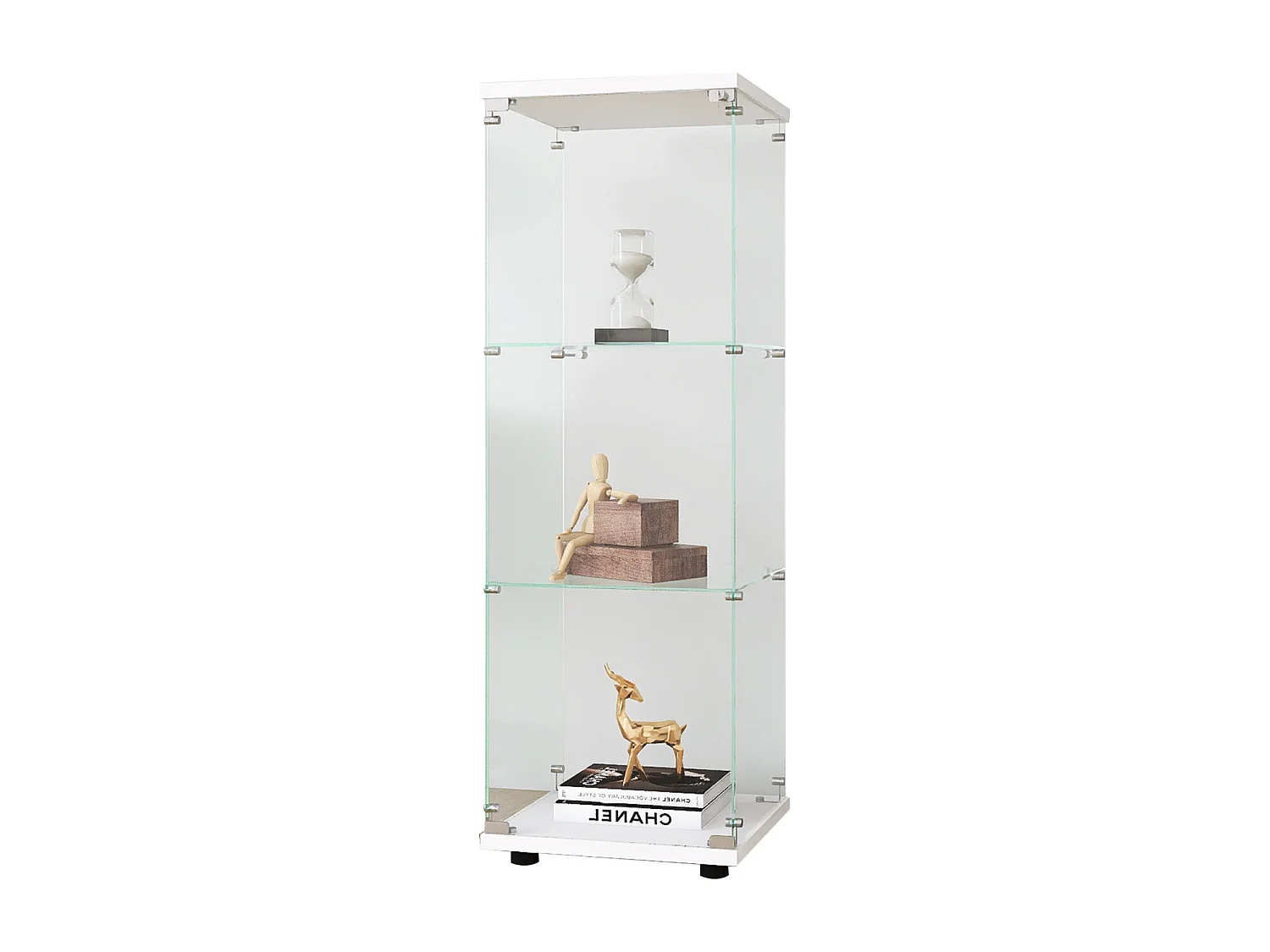 Vitrine en verre à 3 étagères avec porte, étagère à livres sur pied pour salon, chambre à coucher, bureau, 16.7"*14.3"*49.3",Blanc
