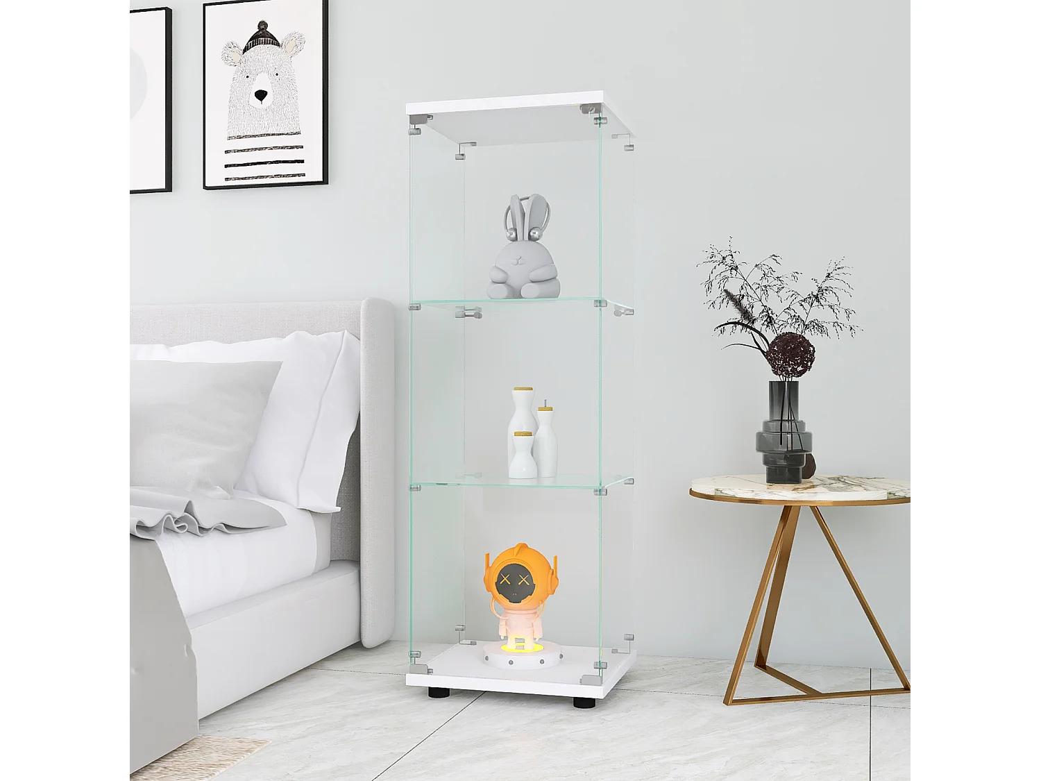 Vitrina de cristal de 3 estantes con puerta, estantería independiente para sala de estar, dormitorio y oficina, 42 x 36 x 125 cm, color blanco