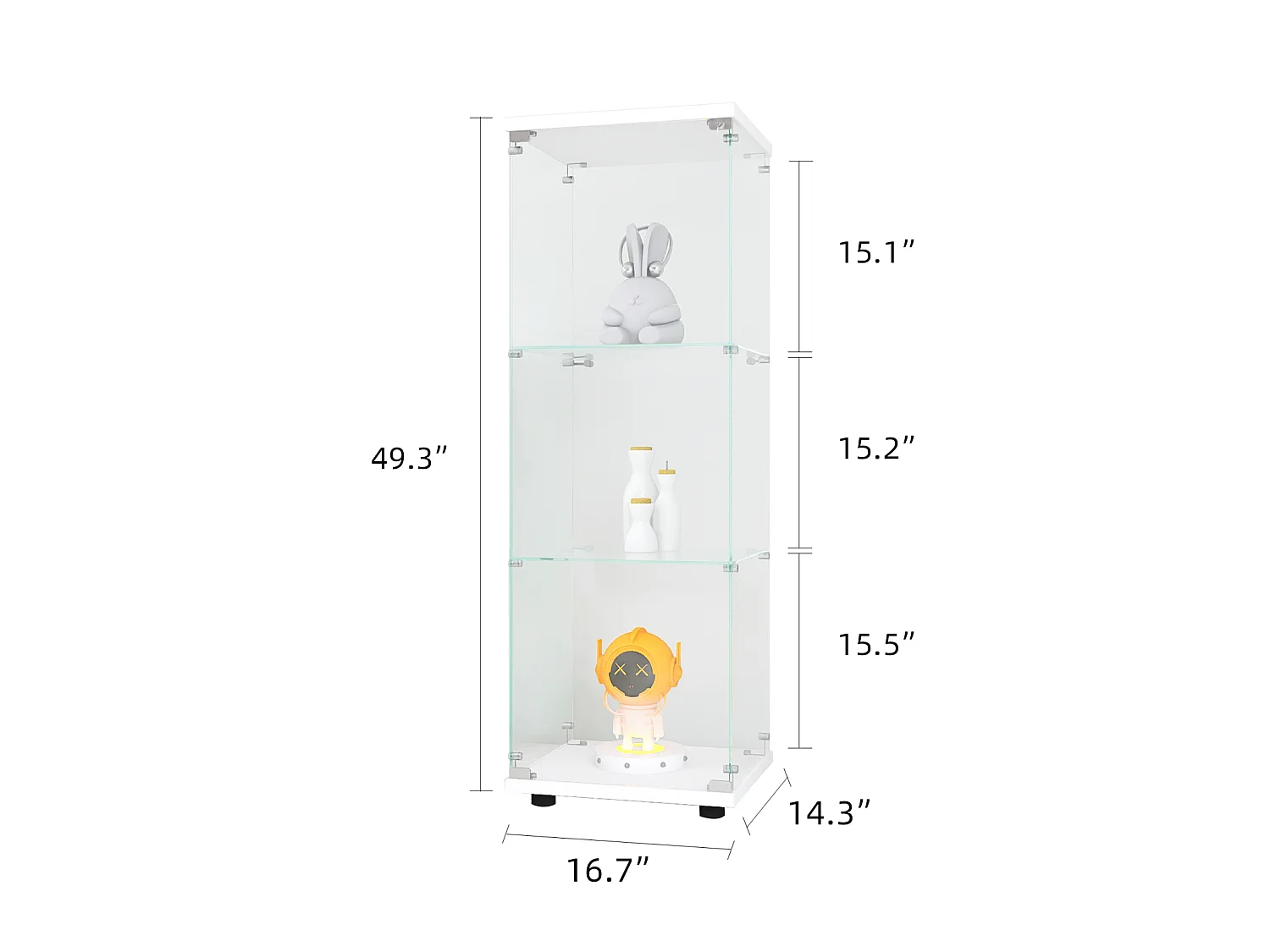 Vitrina de cristal de 3 estantes con puerta, estantería independiente para sala de estar, dormitorio y oficina, 42 x 36 x 125 cm, color blanco