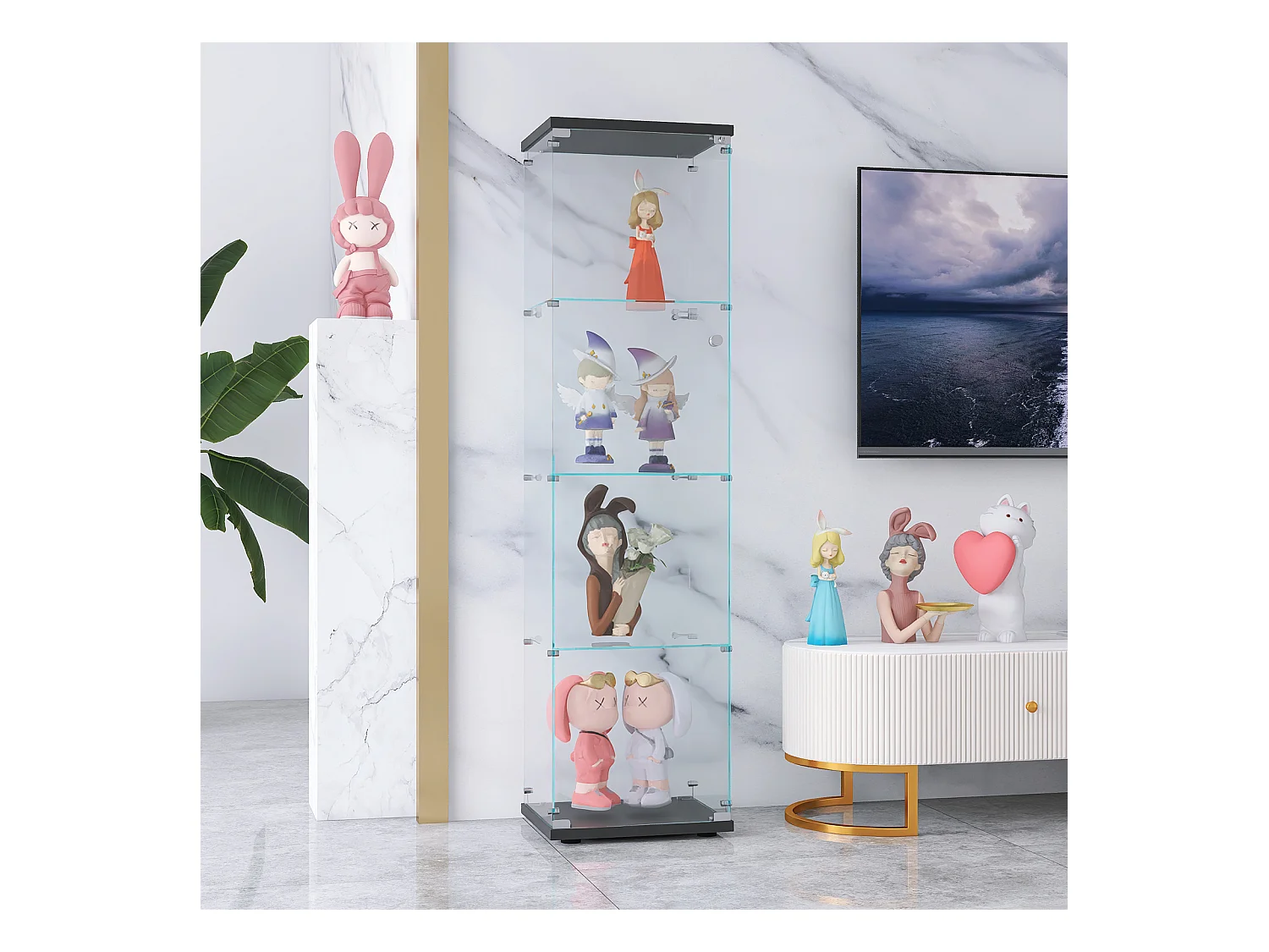 Vitrine, Vitrine en verre 4 étagères avec porte, Vitrine transparente, Armoire de rangement de sol en verre avec serrure, Noir