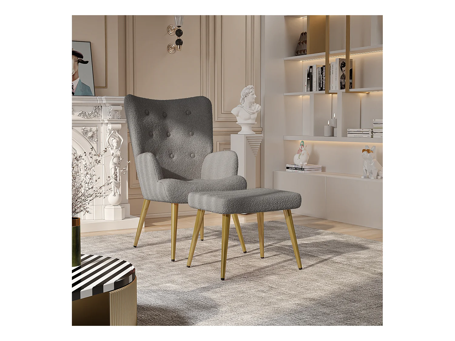 Fauteuil en laine d'agneau，Chaise Individuel avec repose-pieds， Pieds en métal，pour le salon, la chambre à coucher, Gris foncé