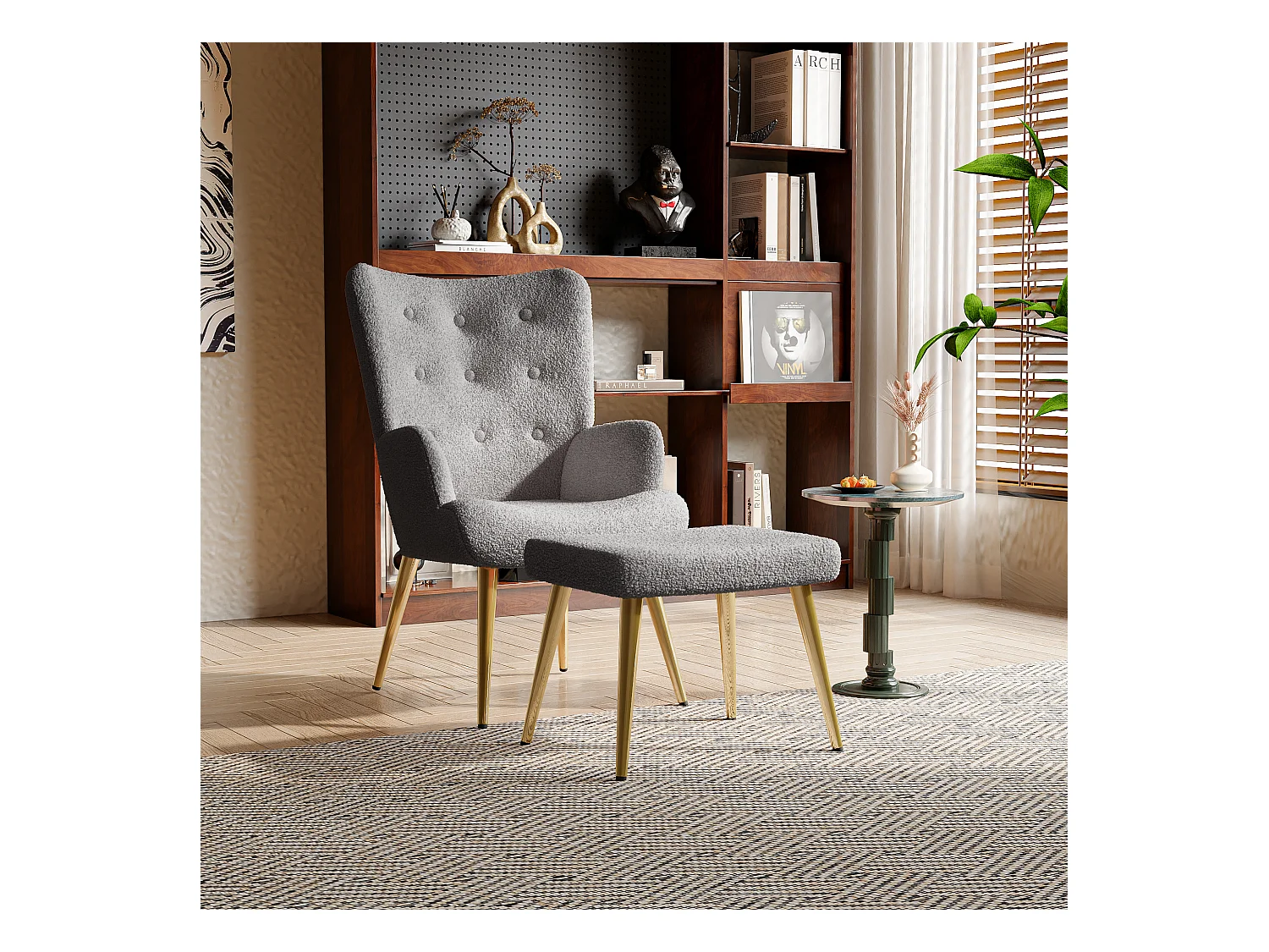 Fauteuil en laine d'agneau，Chaise Individuel avec repose-pieds， Pieds en métal，pour le salon, la chambre à coucher, Gris foncé