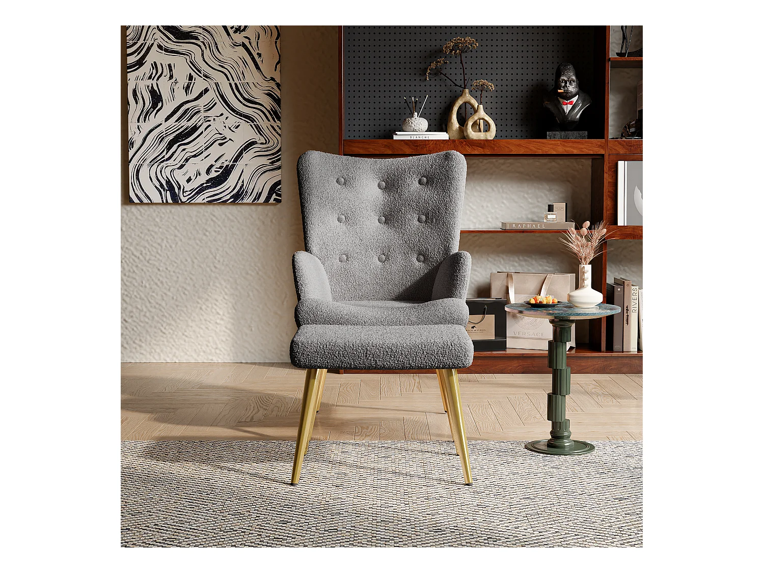 Fauteuil en laine d'agneau，Chaise Individuel avec repose-pieds， Pieds en métal，pour le salon, la chambre à coucher, Gris foncé