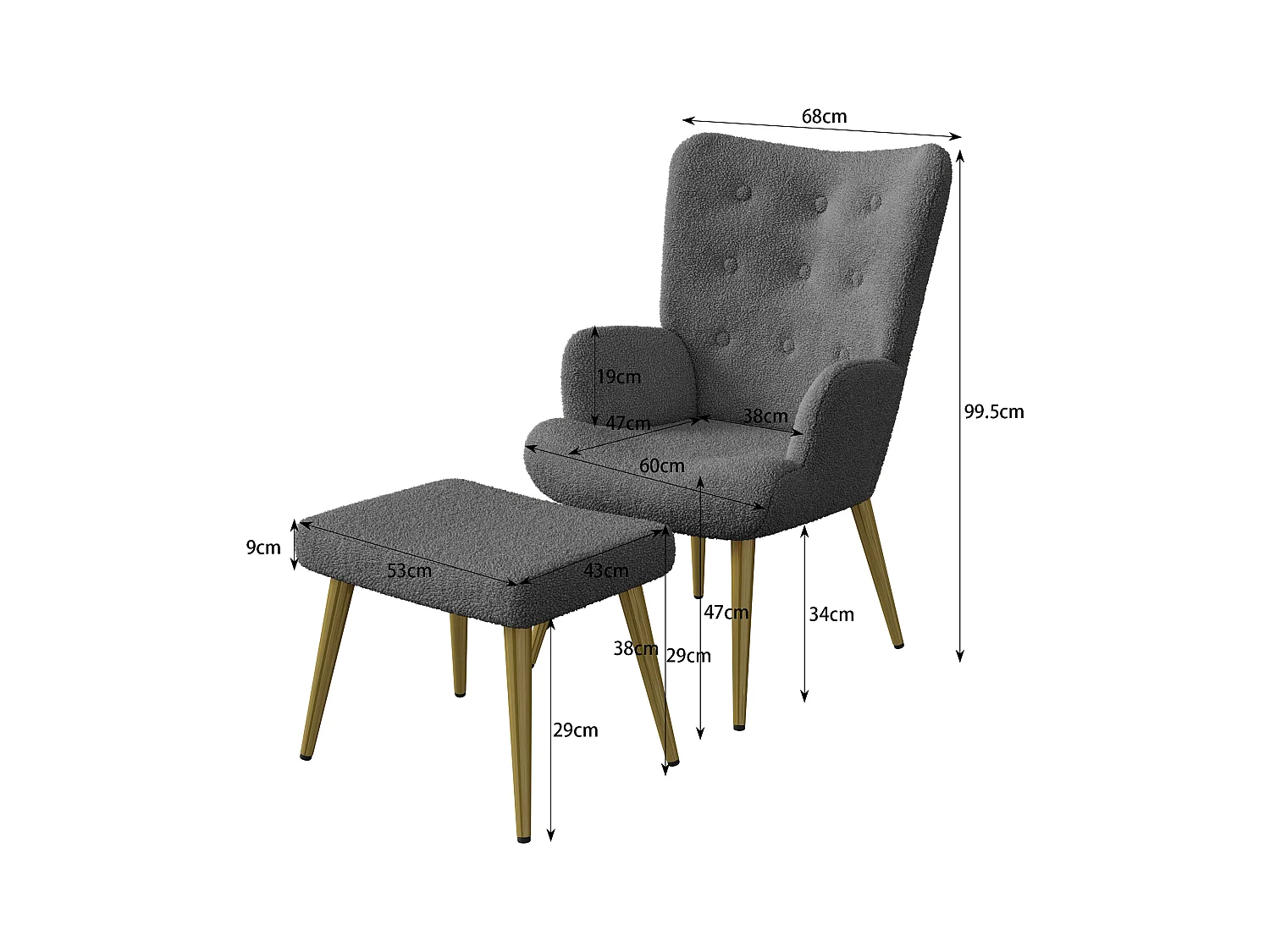 Fauteuil en laine d'agneau，Chaise Individuel avec repose-pieds， Pieds en métal，pour le salon, la chambre à coucher, Gris foncé