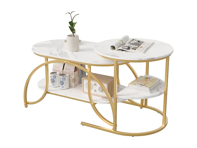 Lot de 2 Tables Basses Gigognes,Table Basse Effet Marbre,Conception Minimaliste de Support en Métal Géométrique,Facile à Assembler, Doré + Blanc