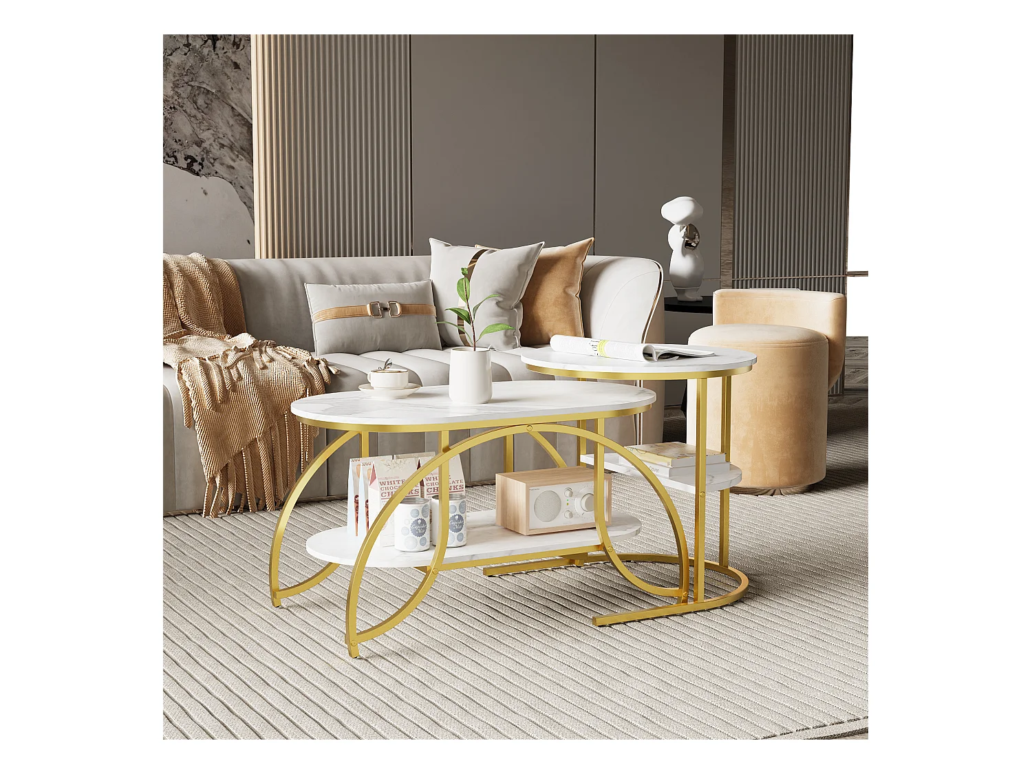 Lot de 2 Tables Basses Gigognes,Table Basse Effet Marbre,Conception Minimaliste de Support en Métal Géométrique,Facile à Assembler, Doré + Blanc