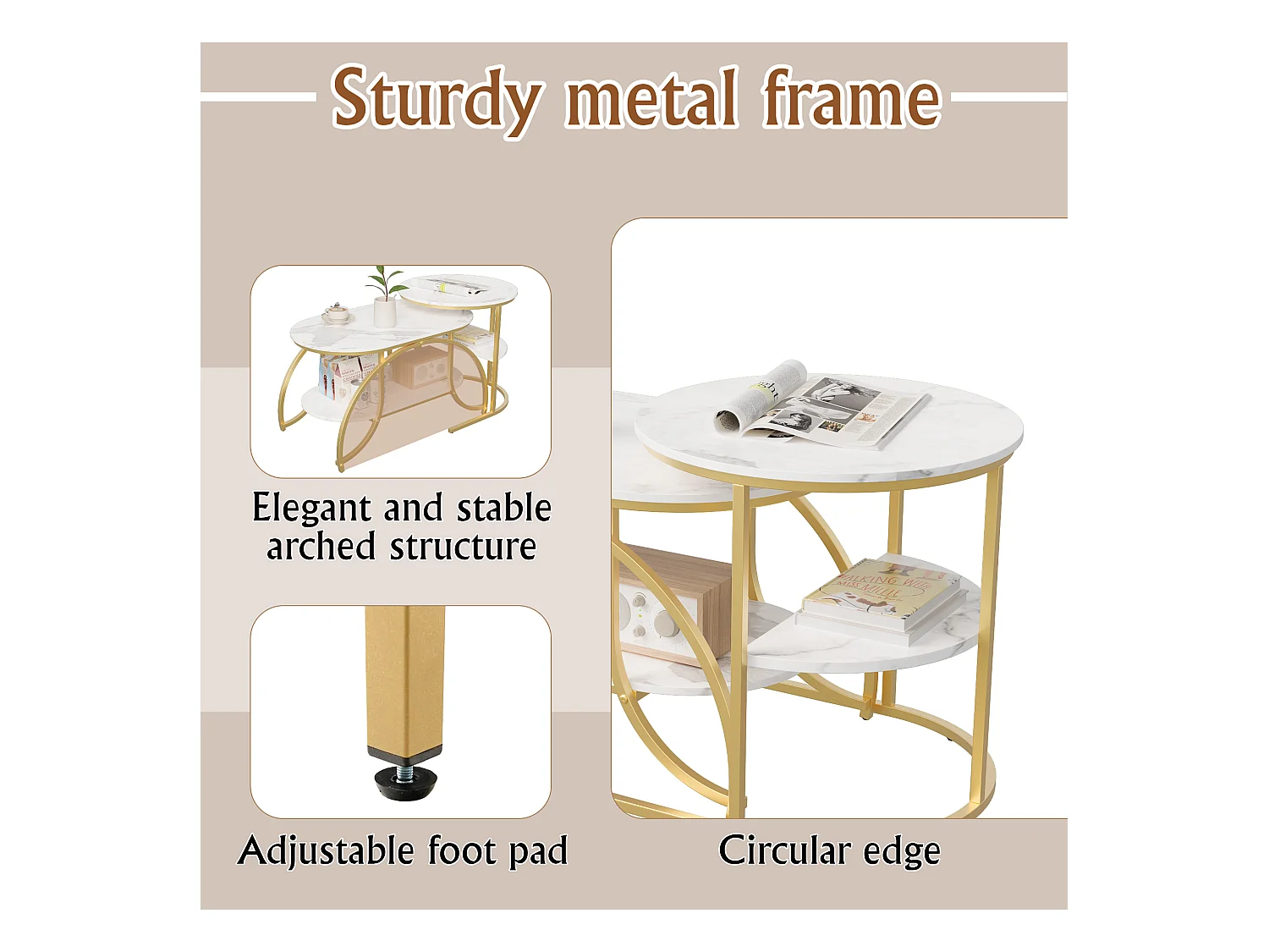Lot de 2 Tables Basses Gigognes,Table Basse Effet Marbre,Conception Minimaliste de Support en Métal Géométrique,Facile à Assembler, Doré + Blanc