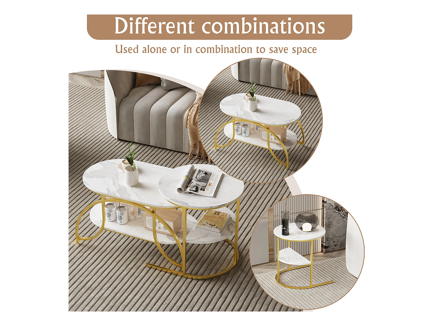 Lot de 2 Tables Basses Gigognes,Table Basse Effet Marbre,Conception Minimaliste de Support en Métal Géométrique,Facile à Assembler, Doré + Blanc