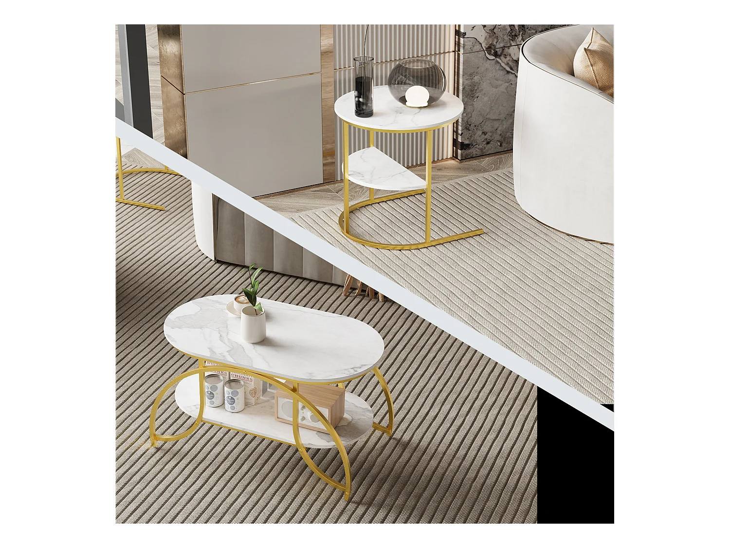 Lot de 2 Tables Basses Gigognes,Table Basse Effet Marbre,Conception Minimaliste de Support en Métal Géométrique,Facile à Assembler, Doré + Blanc