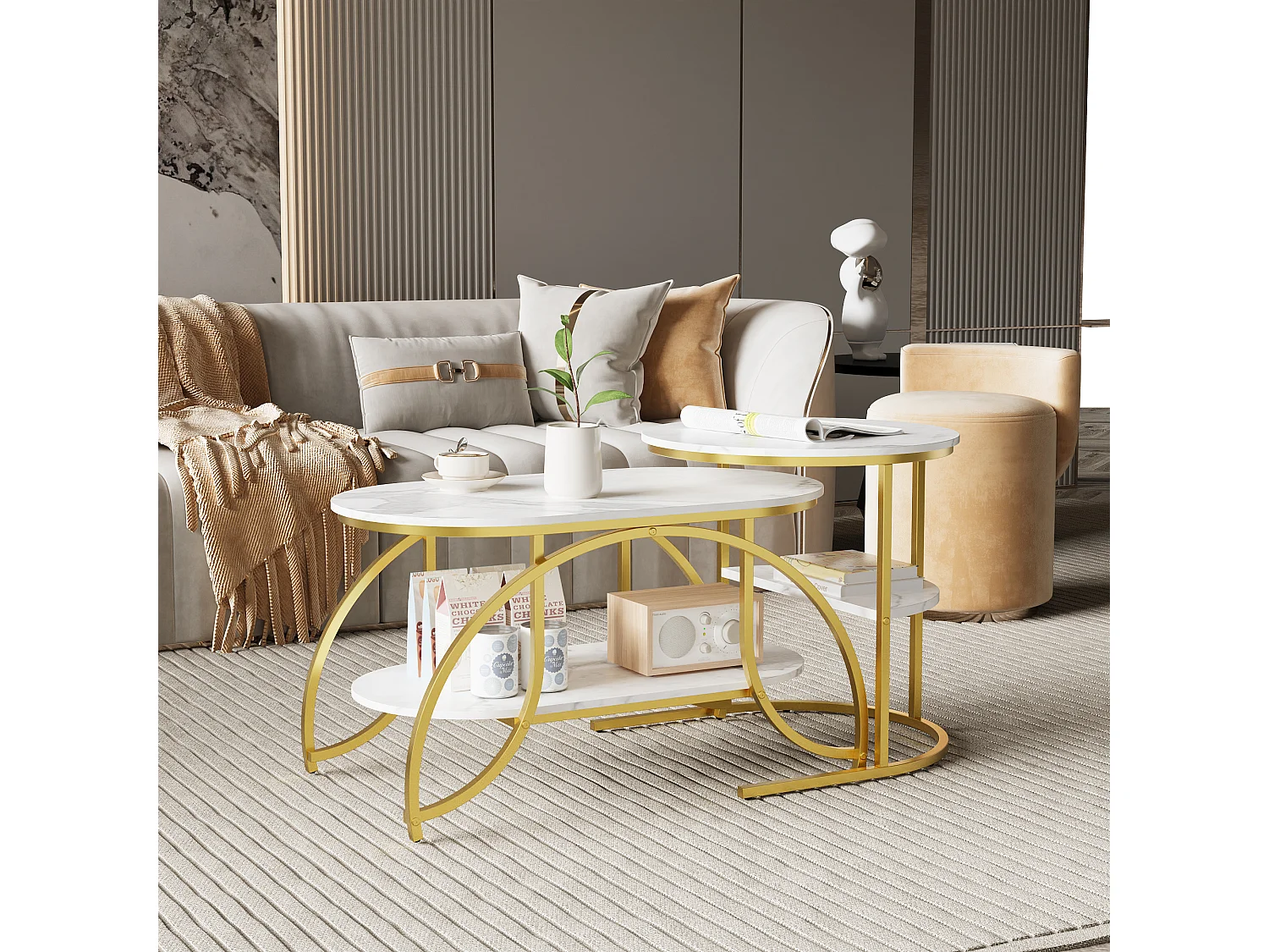 Lot de 2 Tables Basses Gigognes - Effet Marbre - Conception Minimaliste de Support en Métal Géométrique - Facile à Assembler - Doré + Blanc