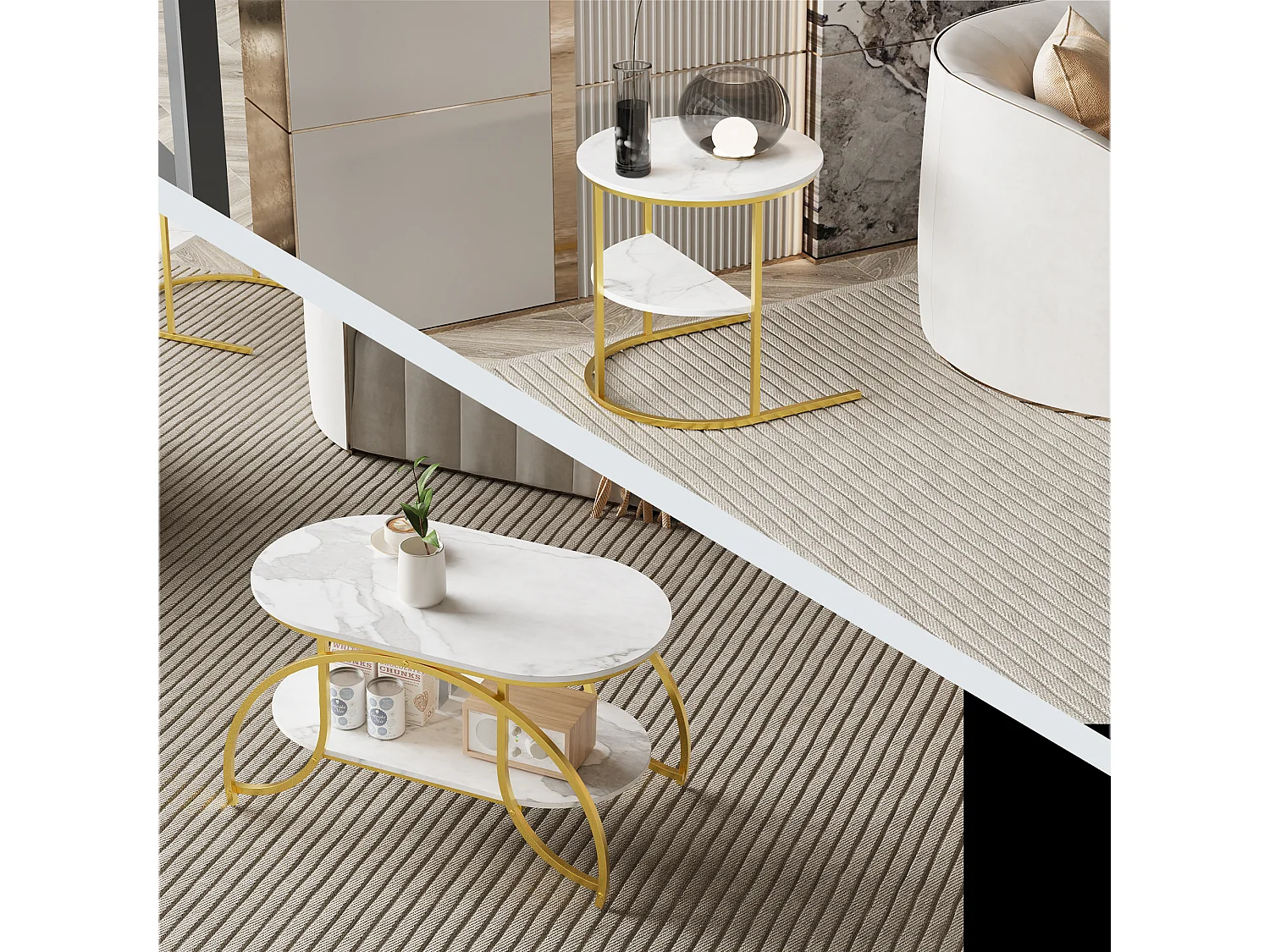 Lot de 2 Tables Basses Gigognes - Effet Marbre - Conception Minimaliste de Support en Métal Géométrique - Facile à Assembler - Doré + Blanc