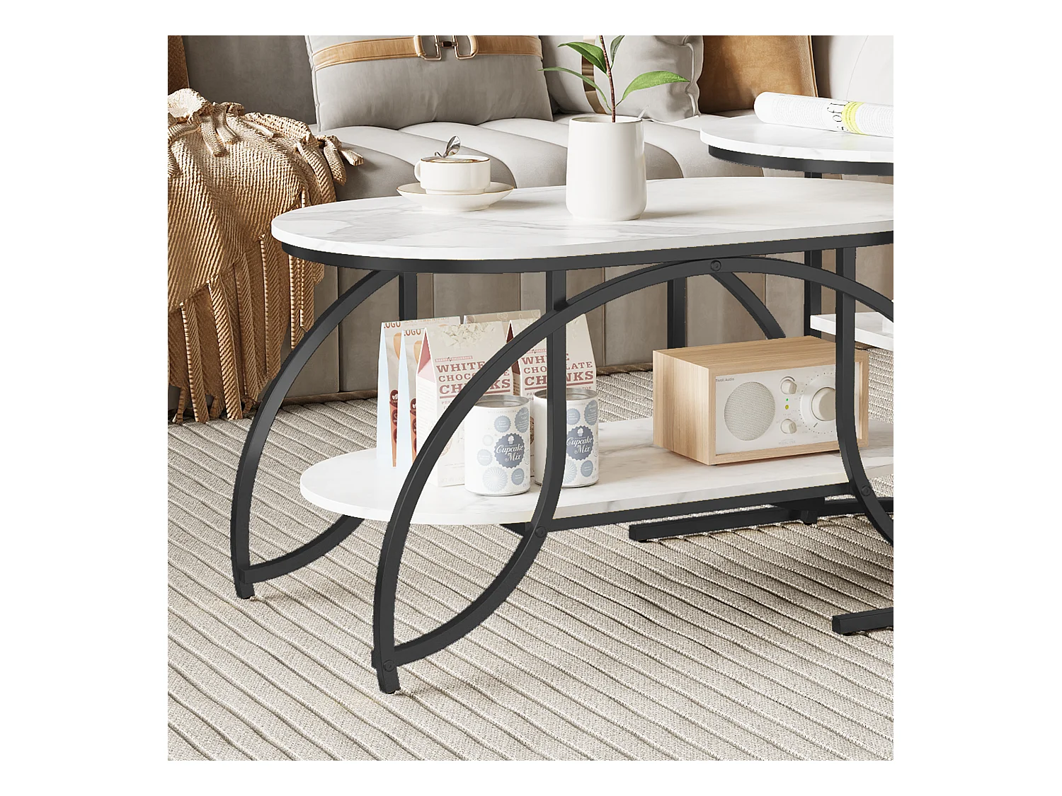 Lot de 2 Tables Basses Gigognes,Table Basse Effet Marbre,Conception Minimaliste de Support en Métal Géométrique,Facile à Assembler, Noir + Blanc