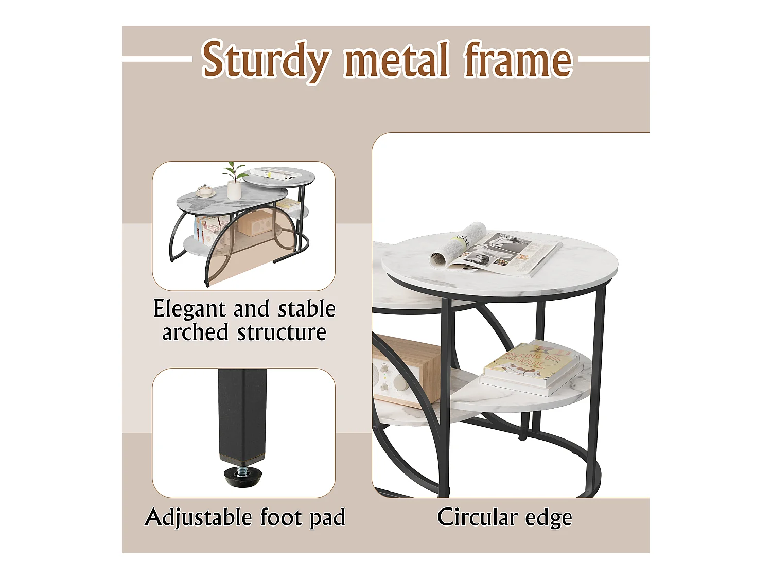 Lot de 2 Tables Basses Gigognes,Table Basse Effet Marbre,Conception Minimaliste de Support en Métal Géométrique,Facile à Assembler, Noir + Blanc