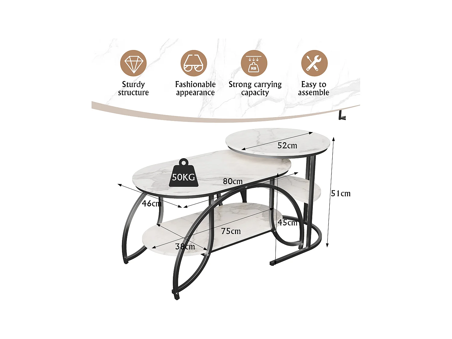 Lot de 2 Tables Basses Gigognes,Table Basse Effet Marbre,Conception Minimaliste de Support en Métal Géométrique,Facile à Assembler, Noir + Blanc