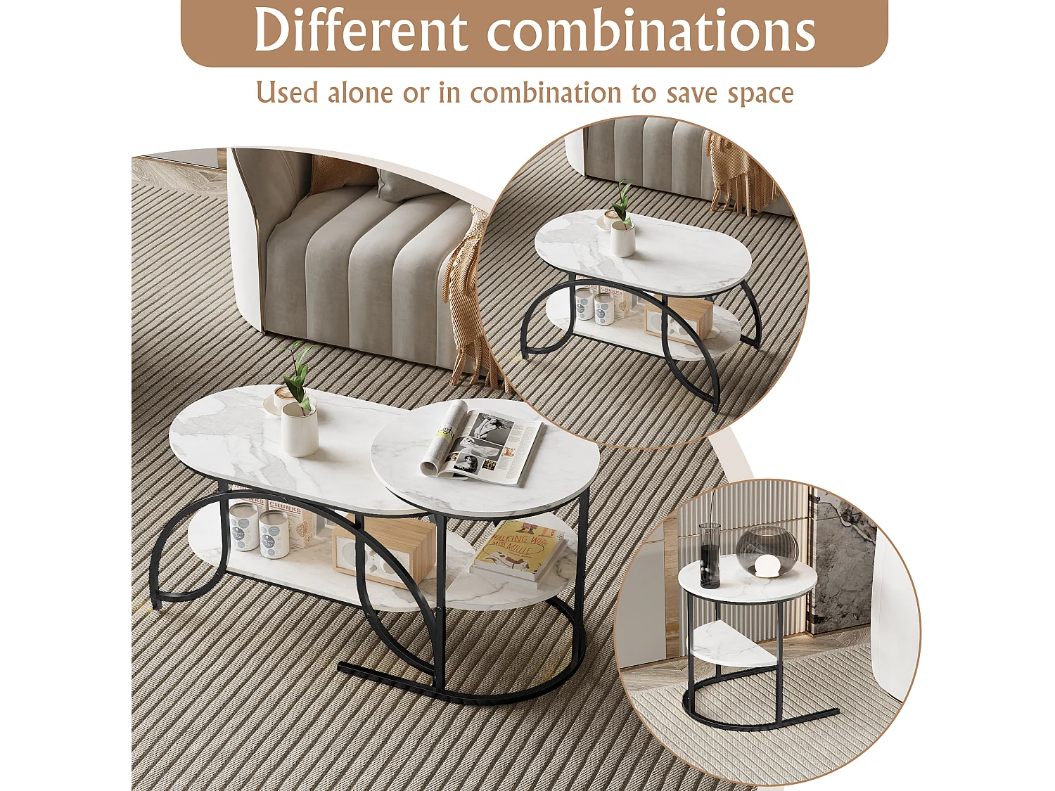 Tables basses gigognes - Table Basse Effet Marbre - Conception Minimaliste de Support en Métal Géométrique - Noir + Blanc