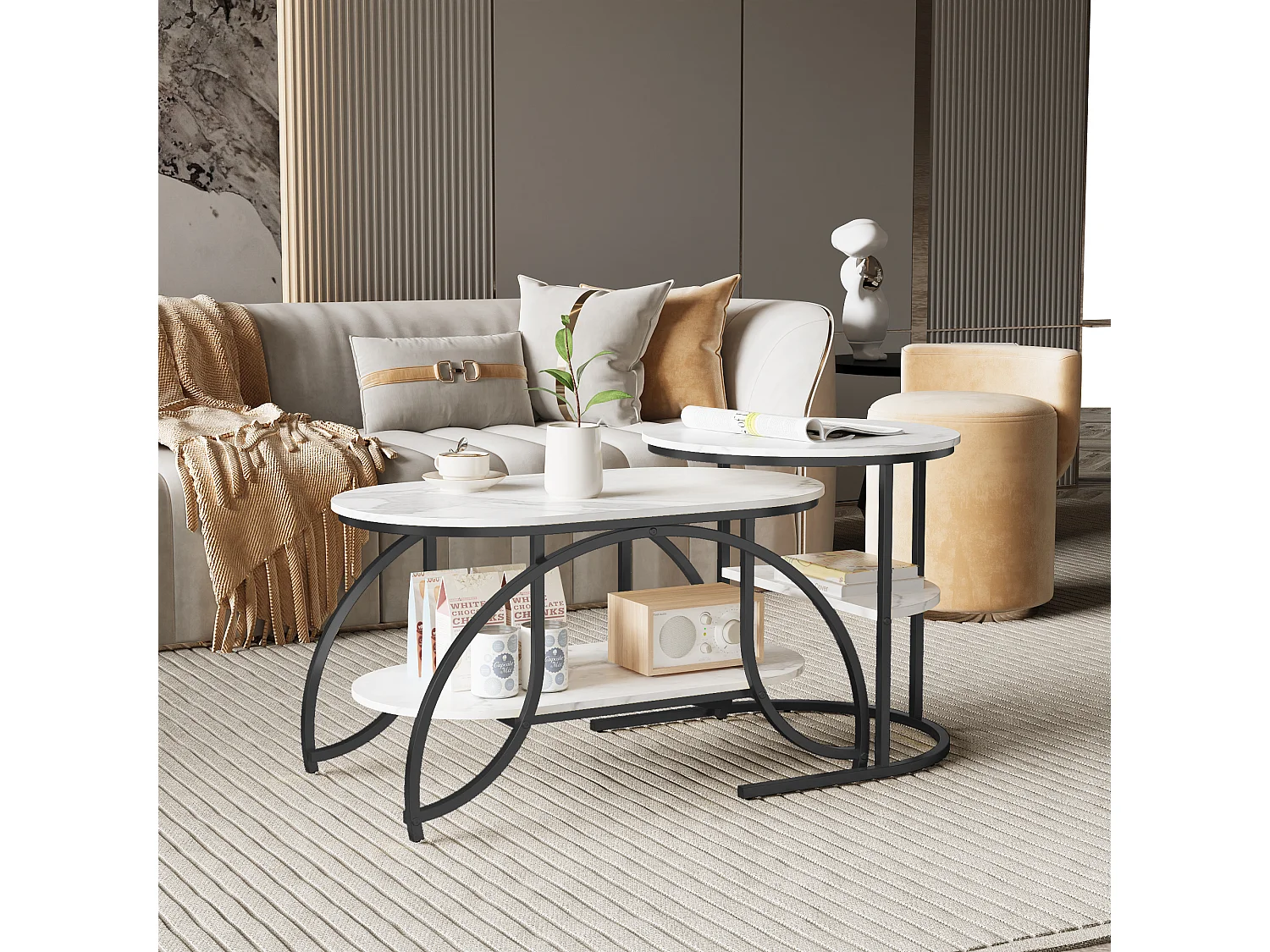 Juego de 2 mesas de centro anidadas con efecto mármol, diseño minimalista geométrico de metal, fácil de montar, color blanco y negro.