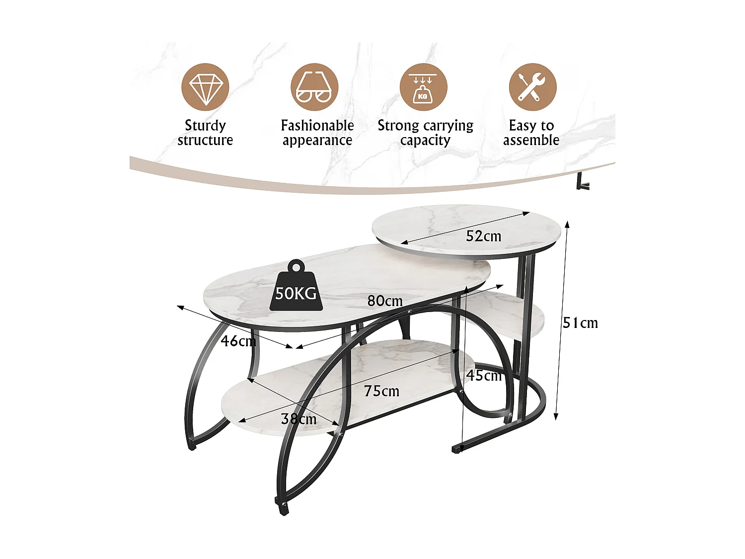 Juego de 2 mesas de centro anidadas con efecto mármol, diseño minimalista geométrico de metal, fácil de montar, color blanco y negro.