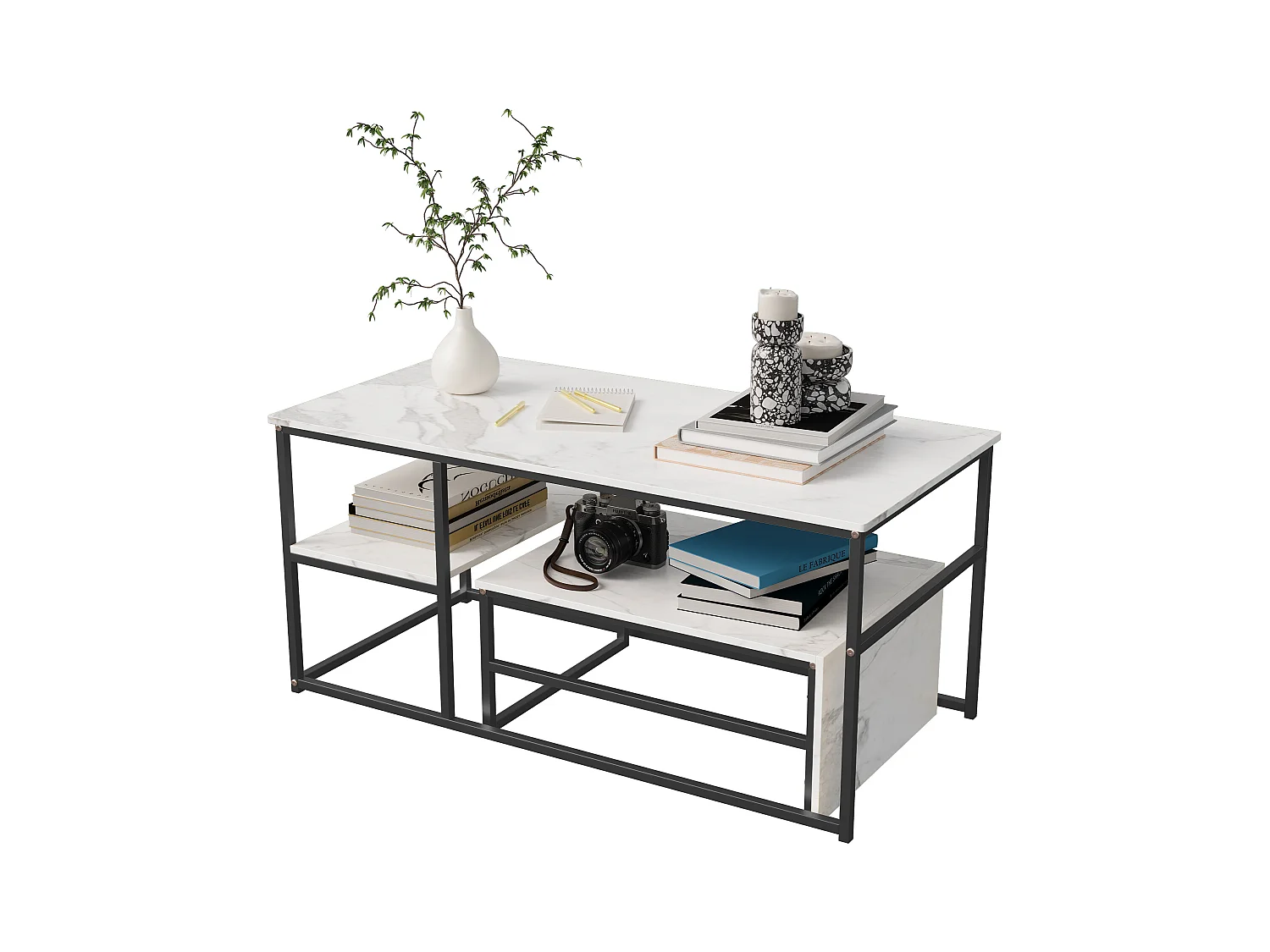 Table Basse Rectangulaire,Lot de 2 Tables Basses Gigognes,Table Basse Effet Marbre,Facile à Assembler,Utilisation Multifonctionnelle, Noir + Blanc