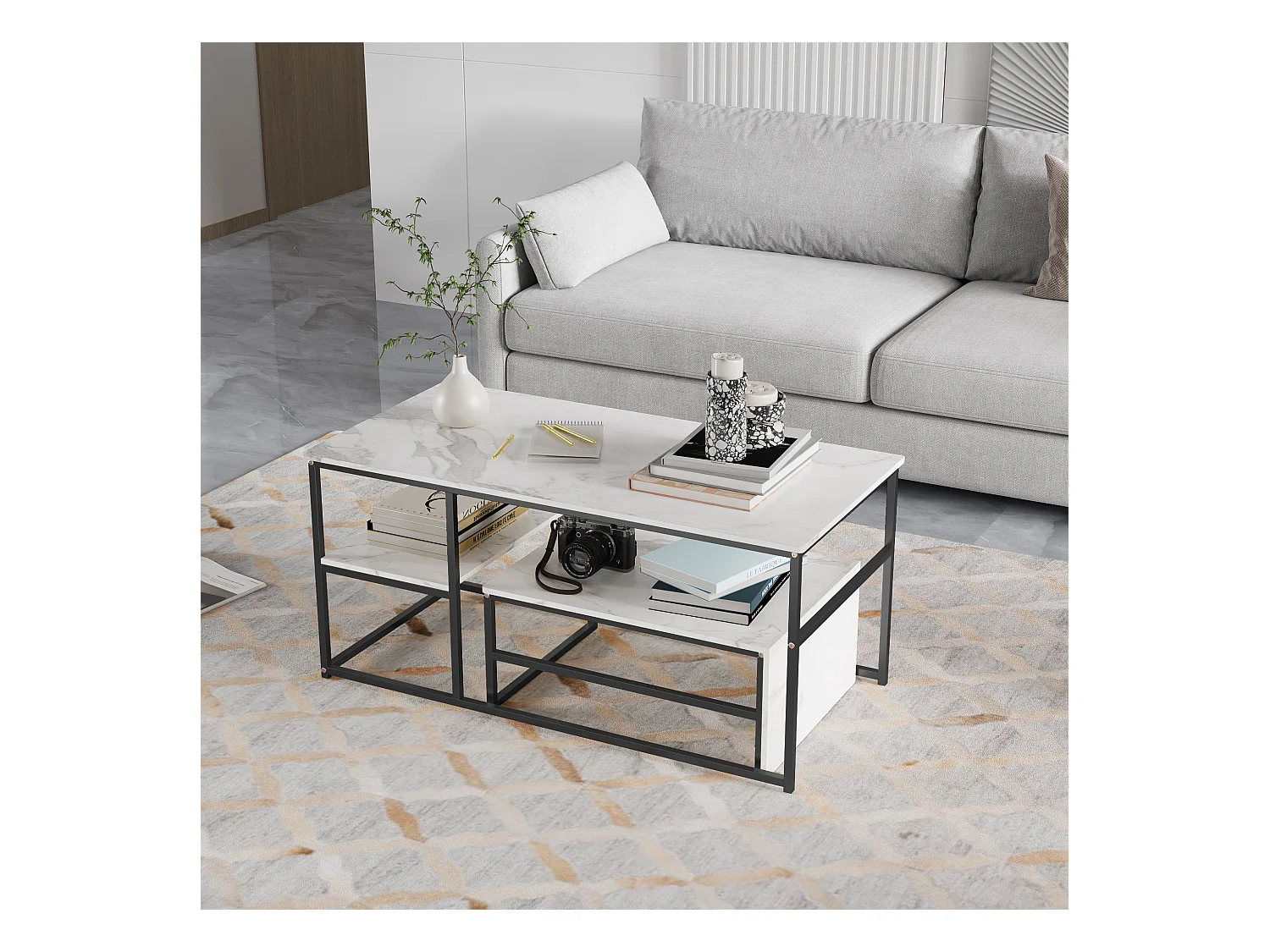 Table Basse Rectangulaire,Lot de 2 Tables Basses Gigognes,Table Basse Effet Marbre,Facile à Assembler,Utilisation Multifonctionnelle, Noir + Blanc
