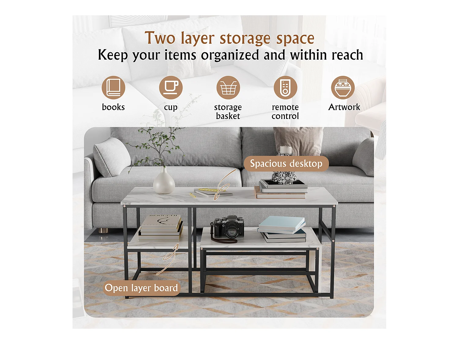 Table Basse Rectangulaire,Lot de 2 Tables Basses Gigognes,Table Basse Effet Marbre,Facile à Assembler,Utilisation Multifonctionnelle, Noir + Blanc