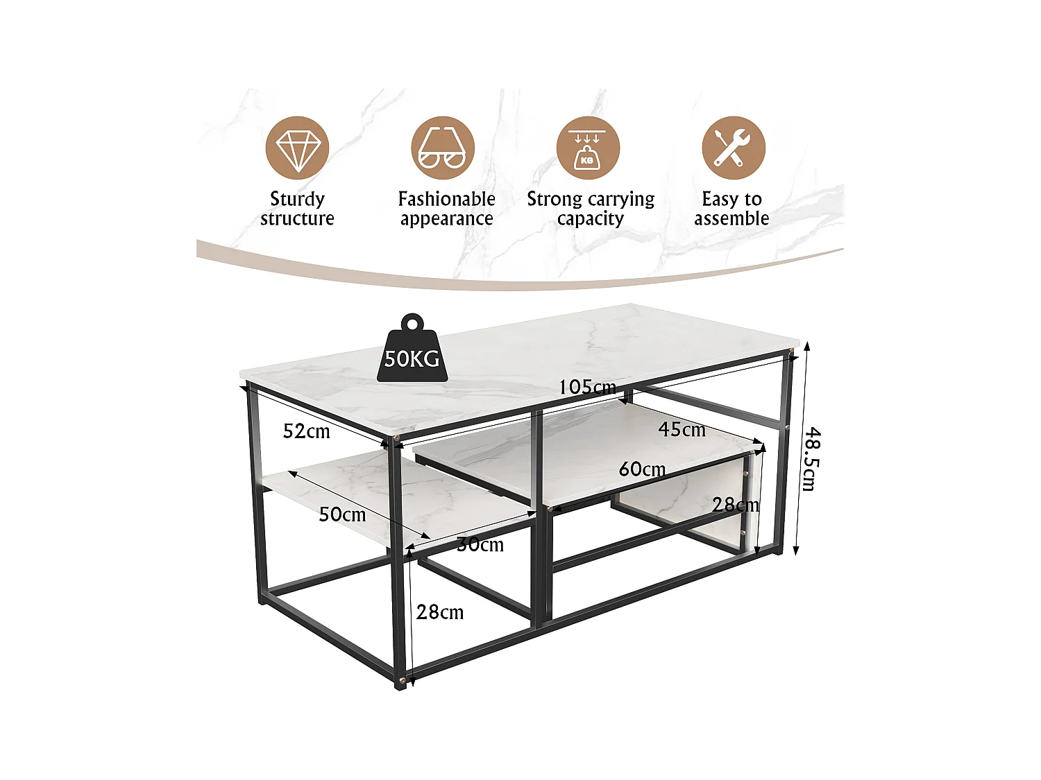 Table Basse Rectangulaire,Lot de 2 Tables Basses Gigognes,Table Basse Effet Marbre,Facile à Assembler,Utilisation Multifonctionnelle, Noir + Blanc
