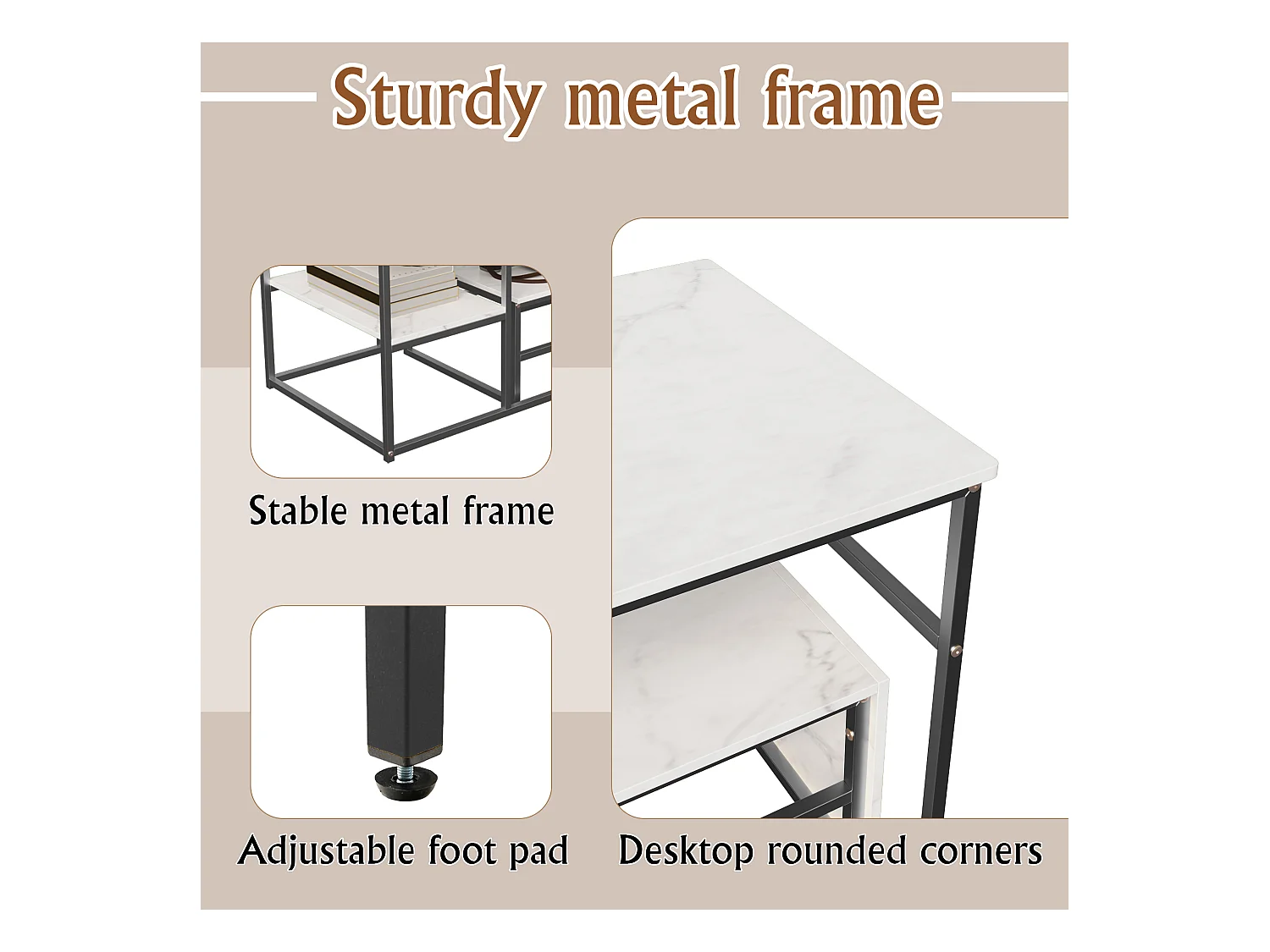 Table Basse Rectangulaire,Lot de 2 Tables Basses Gigognes,Table Basse Effet Marbre,Facile à Assembler,Utilisation Multifonctionnelle, Noir + Blanc