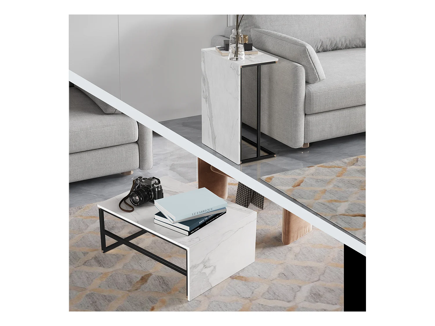 Table Basse Rectangulaire,Lot de 2 Tables Basses Gigognes,Table Basse Effet Marbre,Facile à Assembler,Utilisation Multifonctionnelle, Noir + Blanc