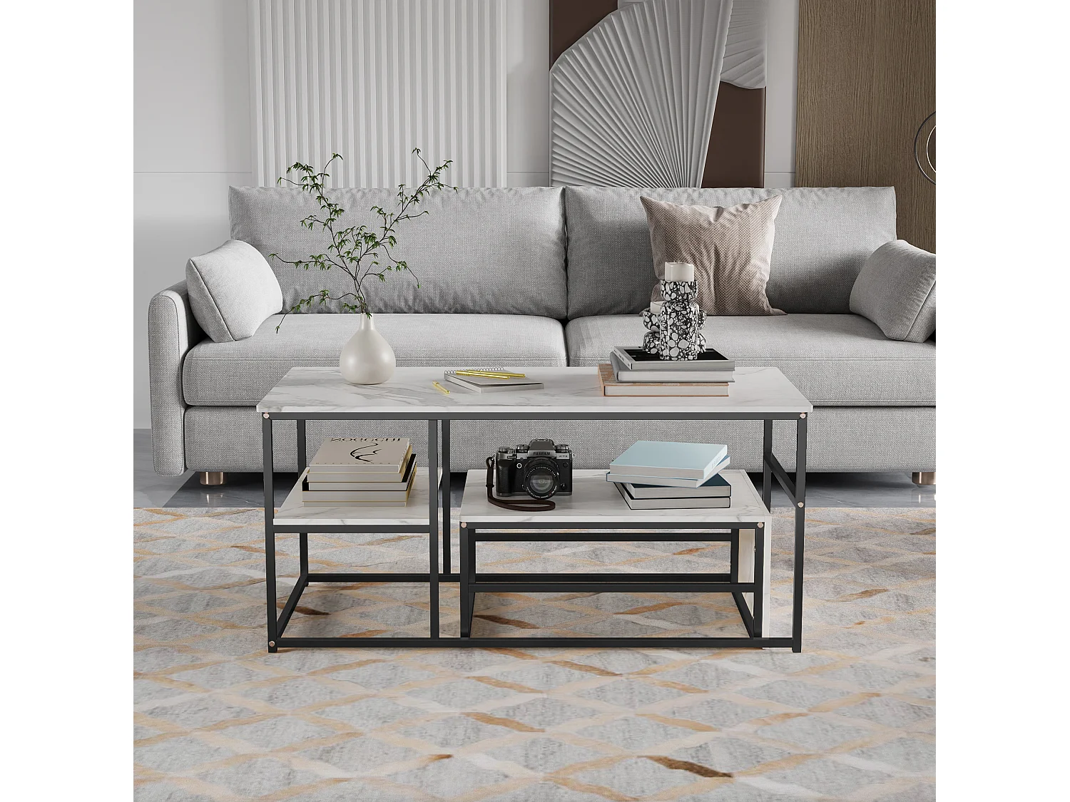 Table Basse - Lot de 2 Tables Basses Gigognes - Rectangulaire - Effet Marbre - Facile à Assembler - Utilisation Multifonctionnelle - Noir + Blanc