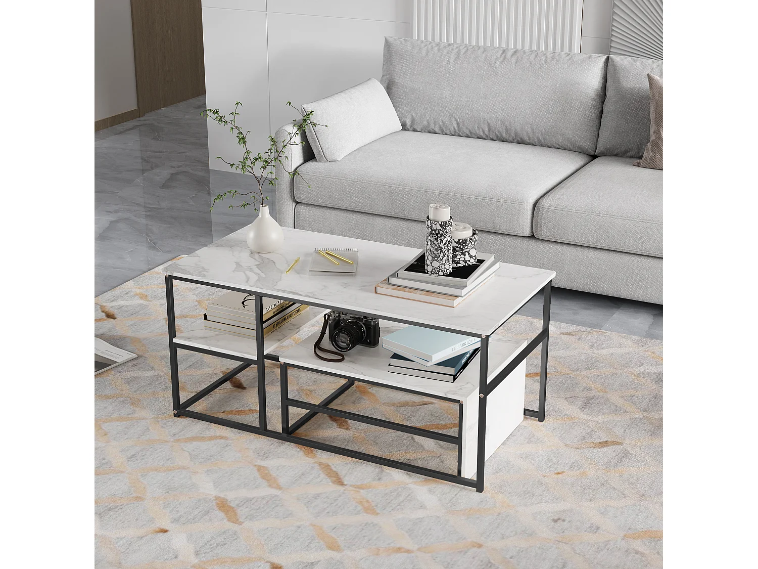 Table Basse - Lot de 2 Tables Basses Gigognes - Rectangulaire - Effet Marbre - Facile à Assembler - Utilisation Multifonctionnelle - Noir + Blanc