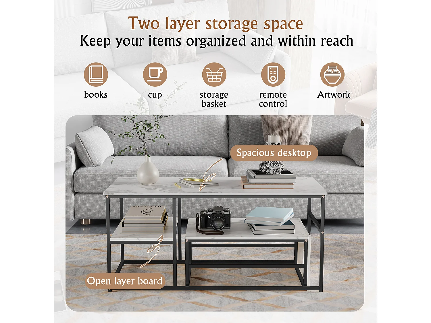 Table Basse - Lot de 2 Tables Basses Gigognes - Rectangulaire - Effet Marbre - Facile à Assembler - Utilisation Multifonctionnelle - Noir + Blanc