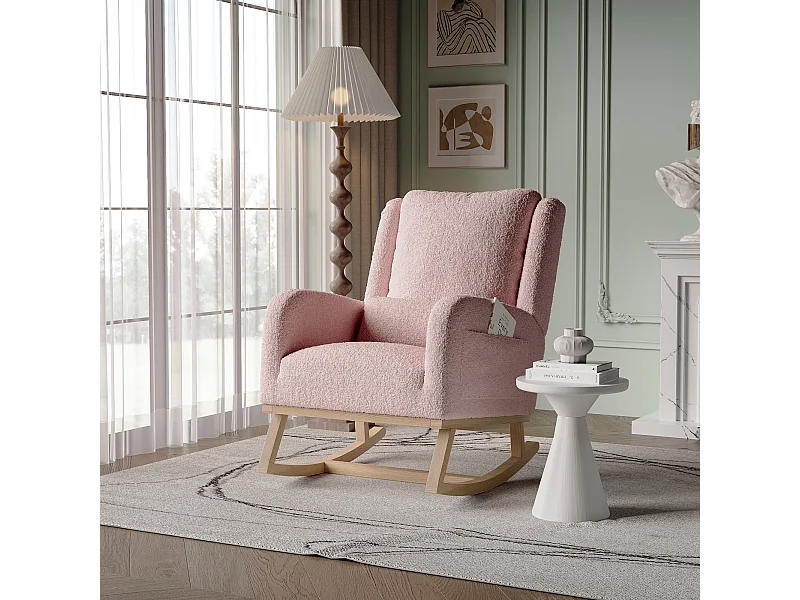 Fauteuil à Bascule, Rocking Chair, Chaise à bascule moderne en tissu teddy avec siège rembourré de mousse et cadre en bois