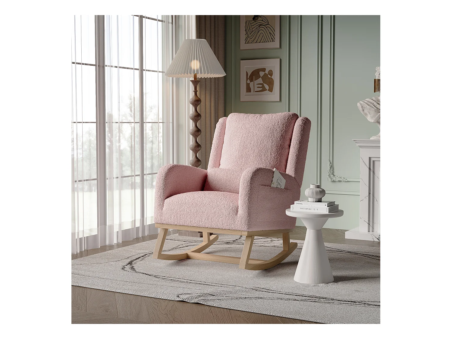 Fauteuil à Bascule, Rocking Chair, Chaise à bascule moderne en tissu teddy avec siège rembourré de mousse et cadre en bois