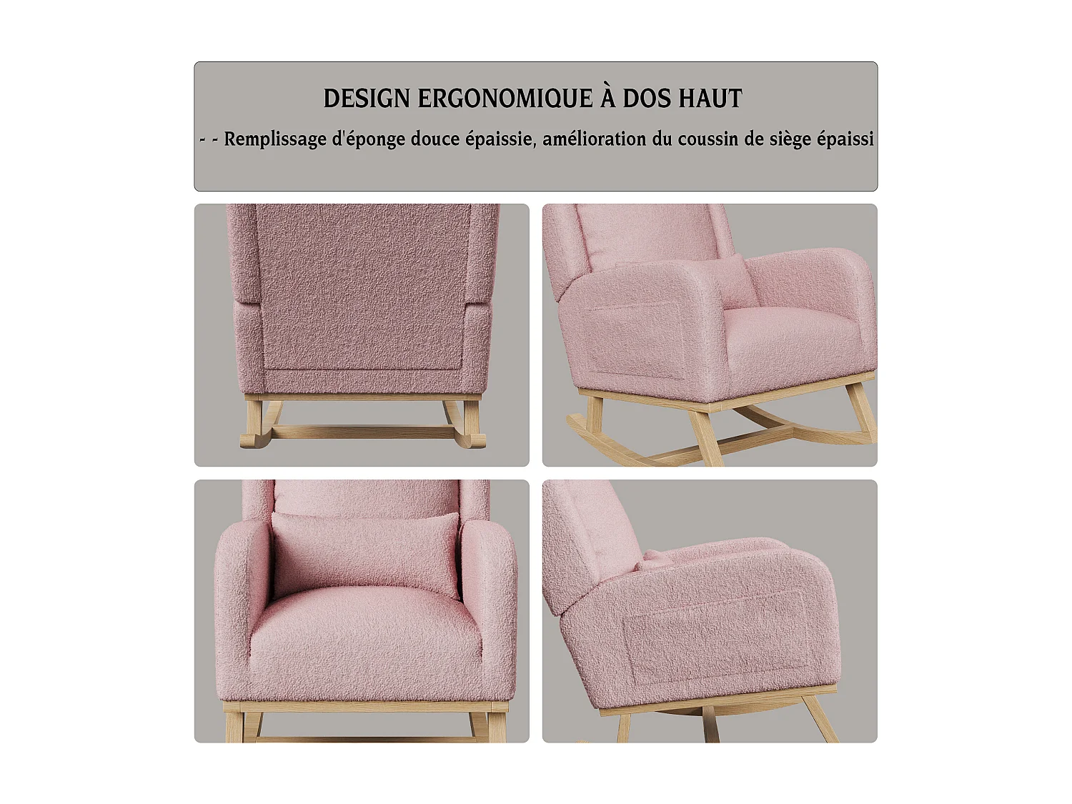 Fauteuil à Bascule, Rocking Chair, Chaise à bascule moderne en tissu teddy avec siège rembourré de mousse et cadre en bois