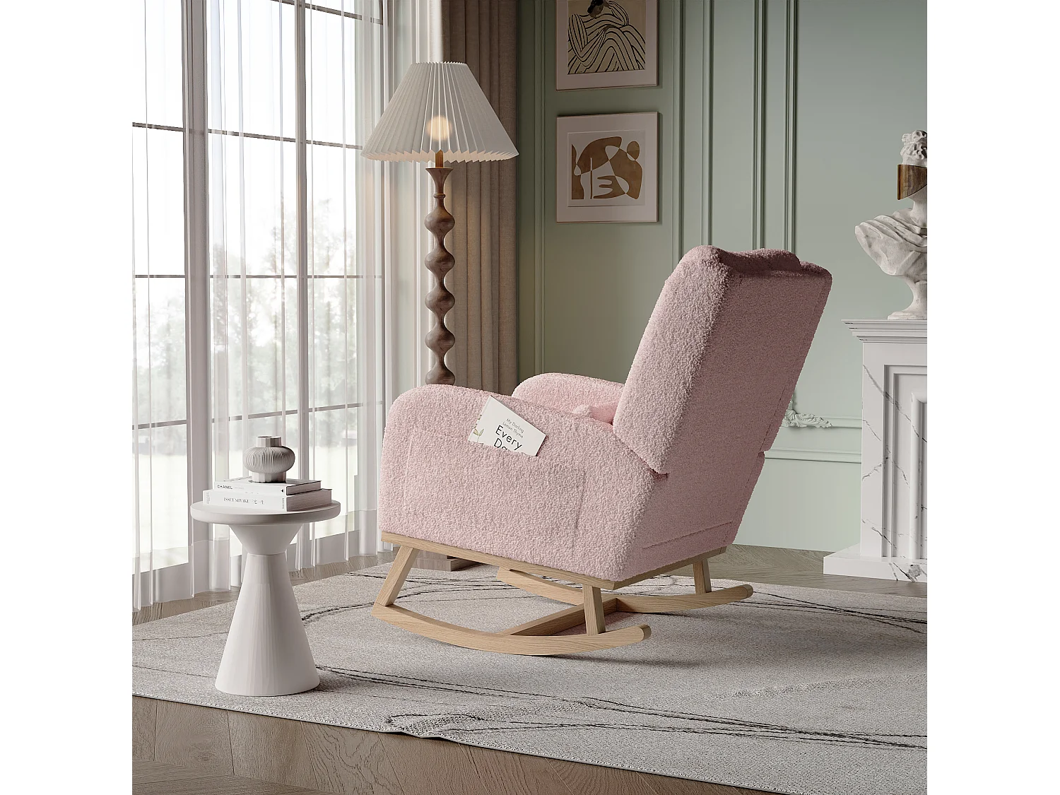 Fauteuil à Bascule, Rocking Chair, Chaise à bascule moderne en tissu teddy avec siège rembourré de mousse et cadre en bois