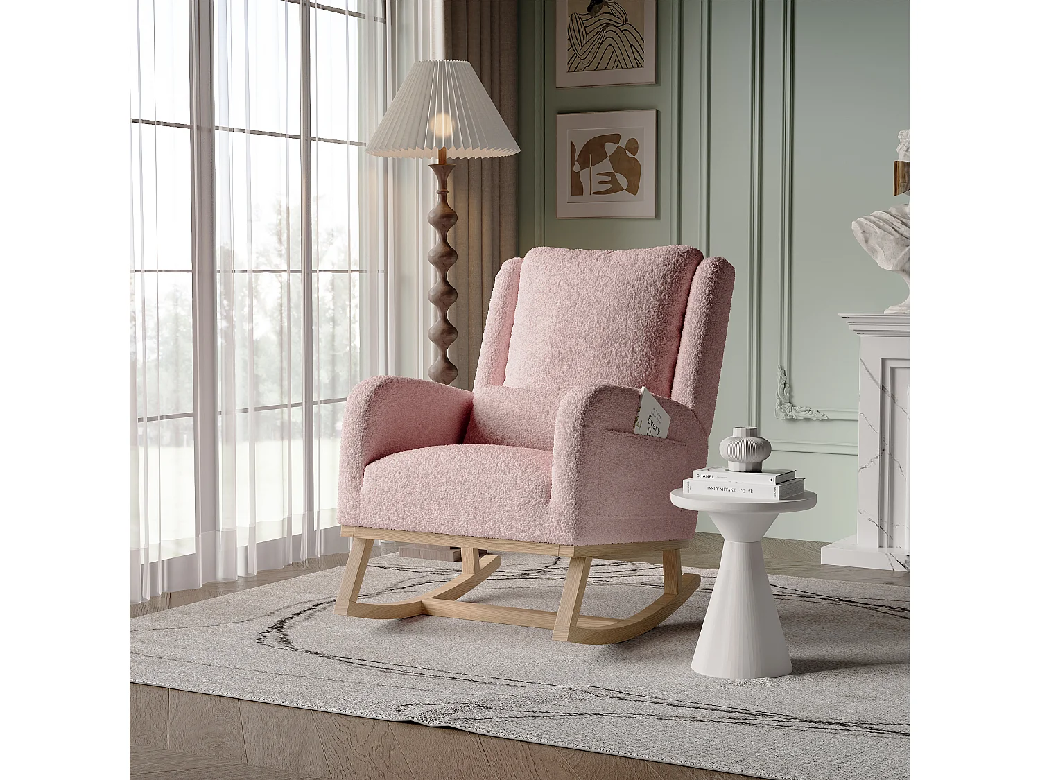 Fauteuil à Bascule, Rocking Chair, Chaise à bascule moderne en tissu teddy avec siège rembourré de mousse et cadre en bois