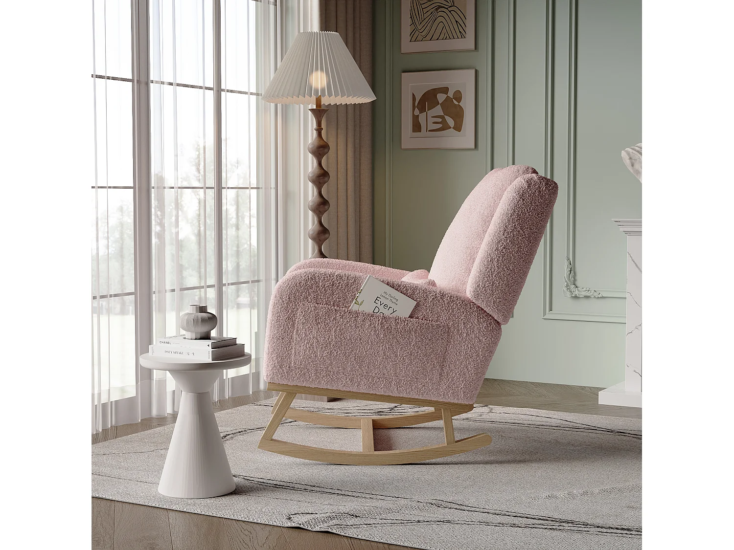 Fauteuil à Bascule, Rocking Chair, Chaise à bascule moderne en tissu teddy avec siège rembourré de mousse et cadre en bois