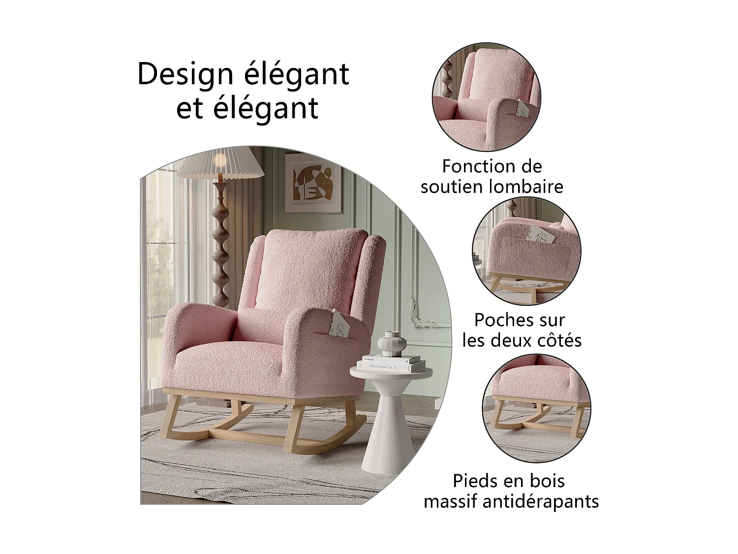 Fauteuil à Bascule, Rocking Chair, Chaise à bascule moderne en tissu teddy avec siège rembourré de mousse et cadre en bois
